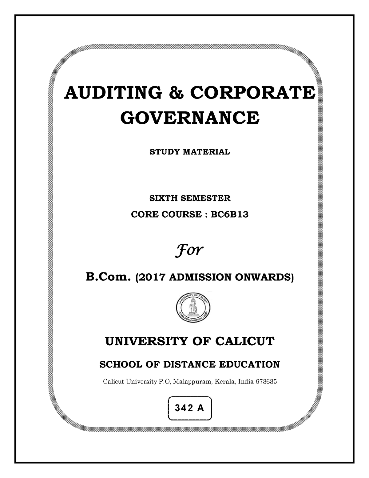 Auditing And Corporate Governance Final - Ba /BBA/BCom Calicut ...