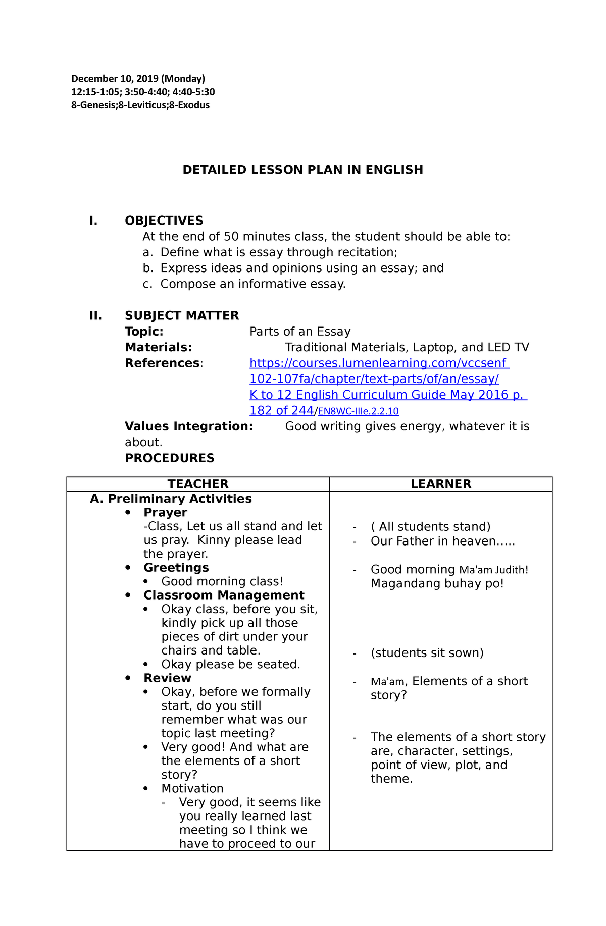 what is an essay lesson plan