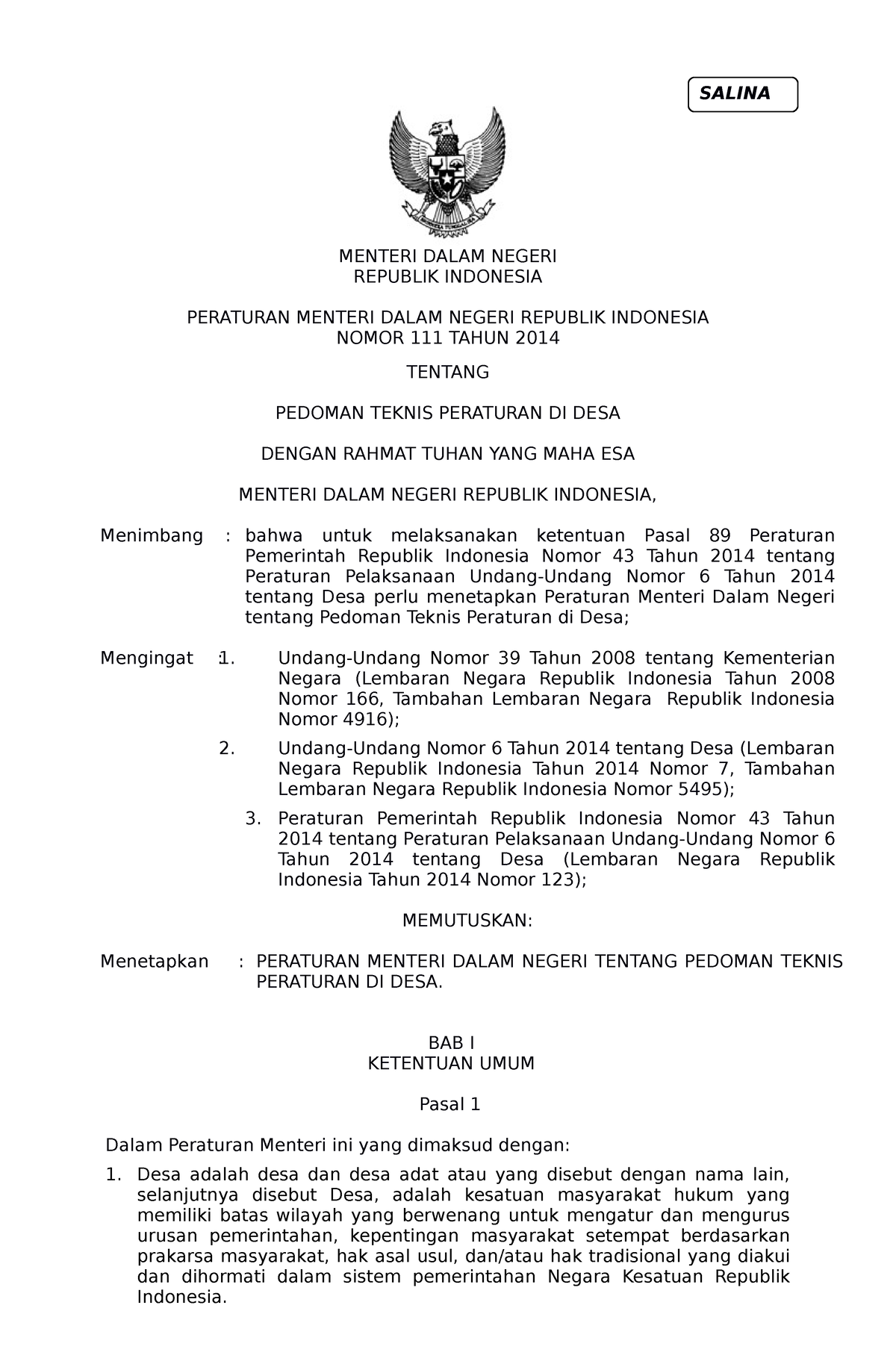 Permendagri No 111 - MENTERI DALAM NEGERI REPUBLIK INDONESIA PERATURAN ...