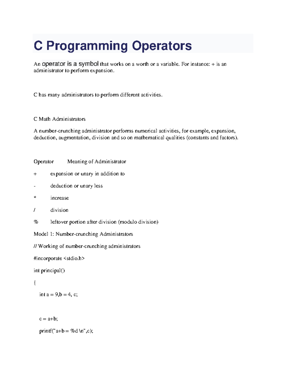 C Programming operator - C Programming Operators An operator is a ...