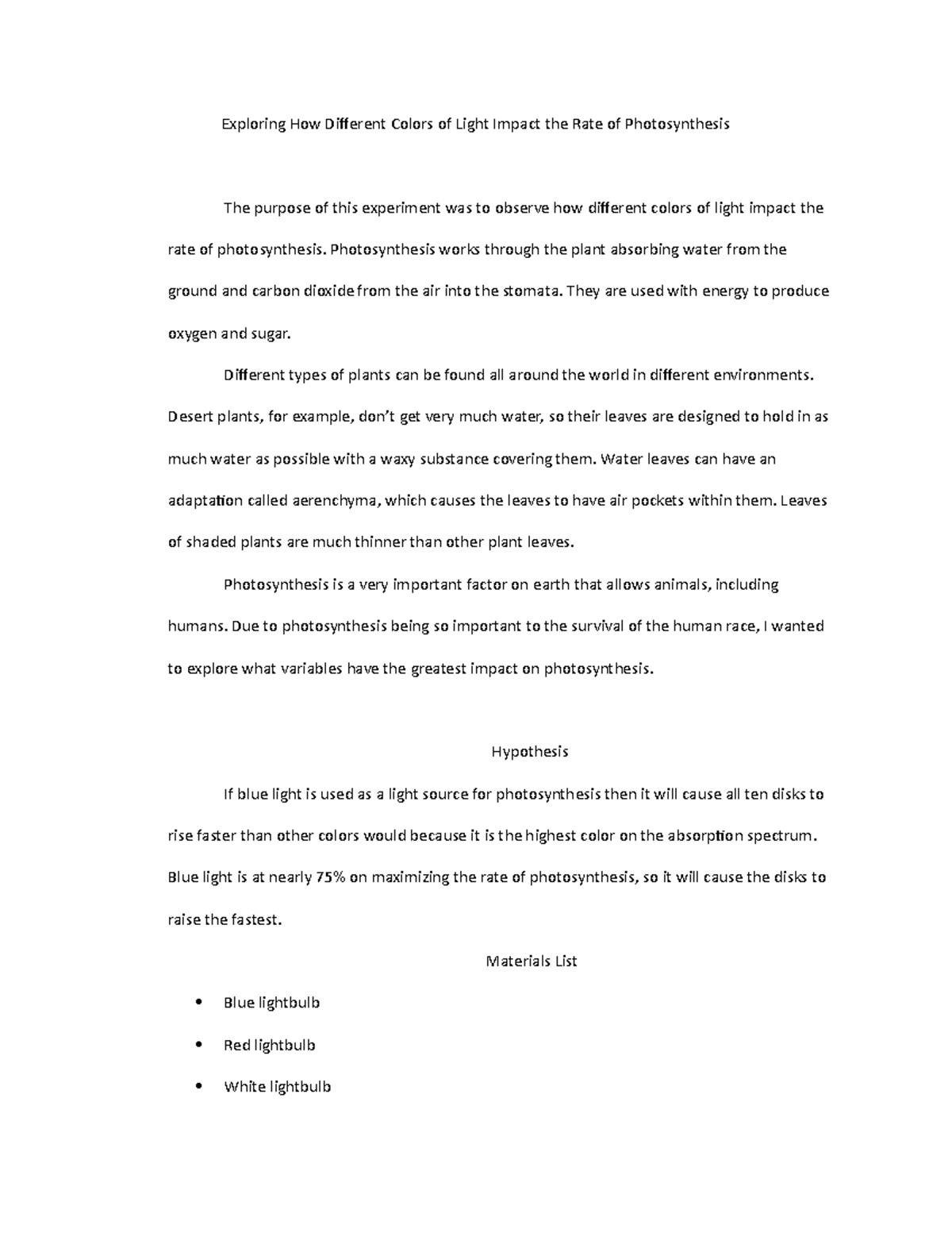 Bio Photosynthesis Lab Report Exploring How Different Colors of Light