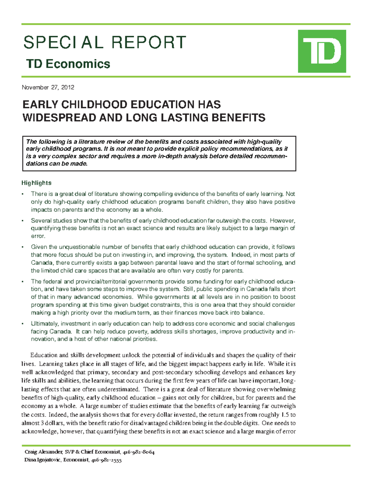 Di1112 Early Childhood Education - SPECIAL REPORT TD Economics EARLY ...