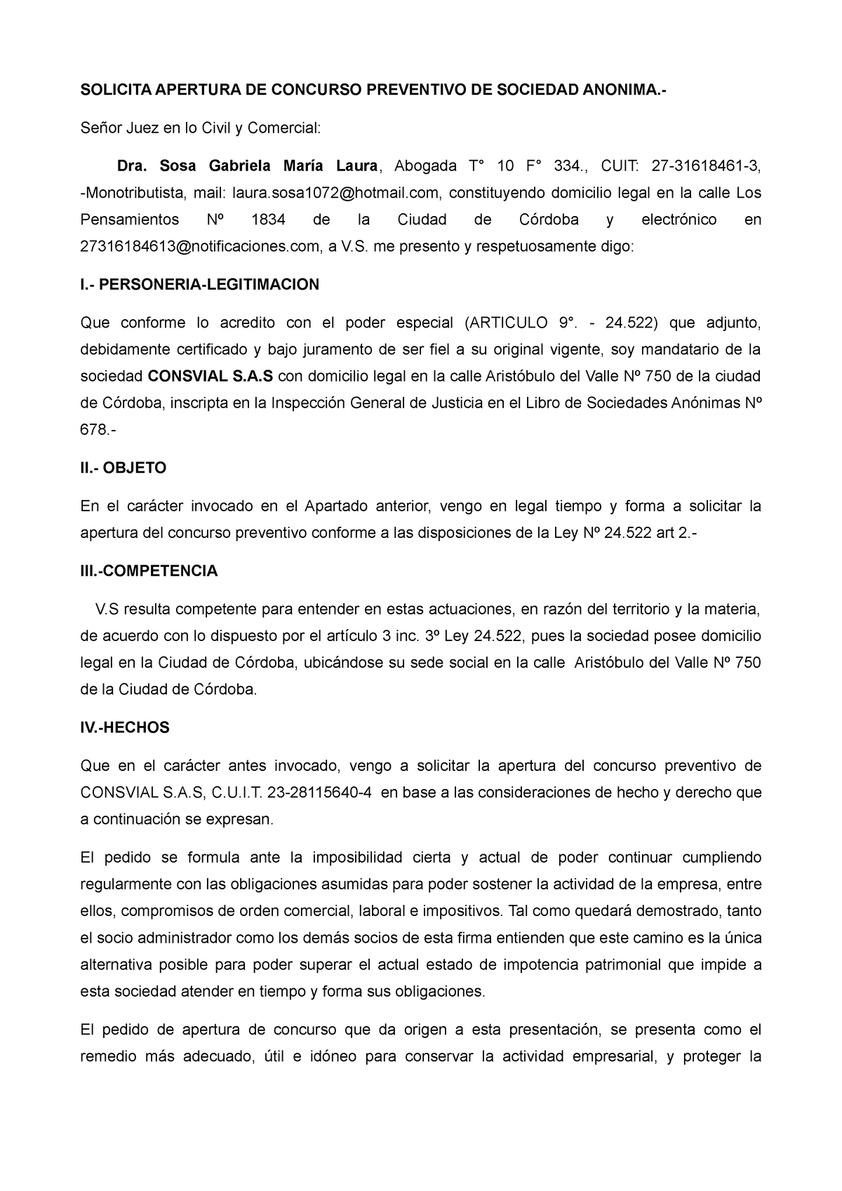 Solicita Apertura DE Concurso Preventivo DE Sociedad Anonima - SOLICITA ...