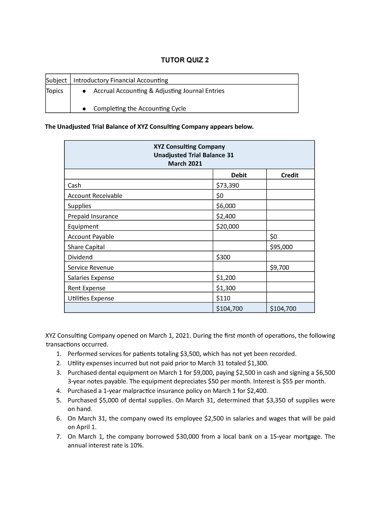 Tutorial 2 Intro Financial Accounting - TUTOR QUIZ 2 Subject ...