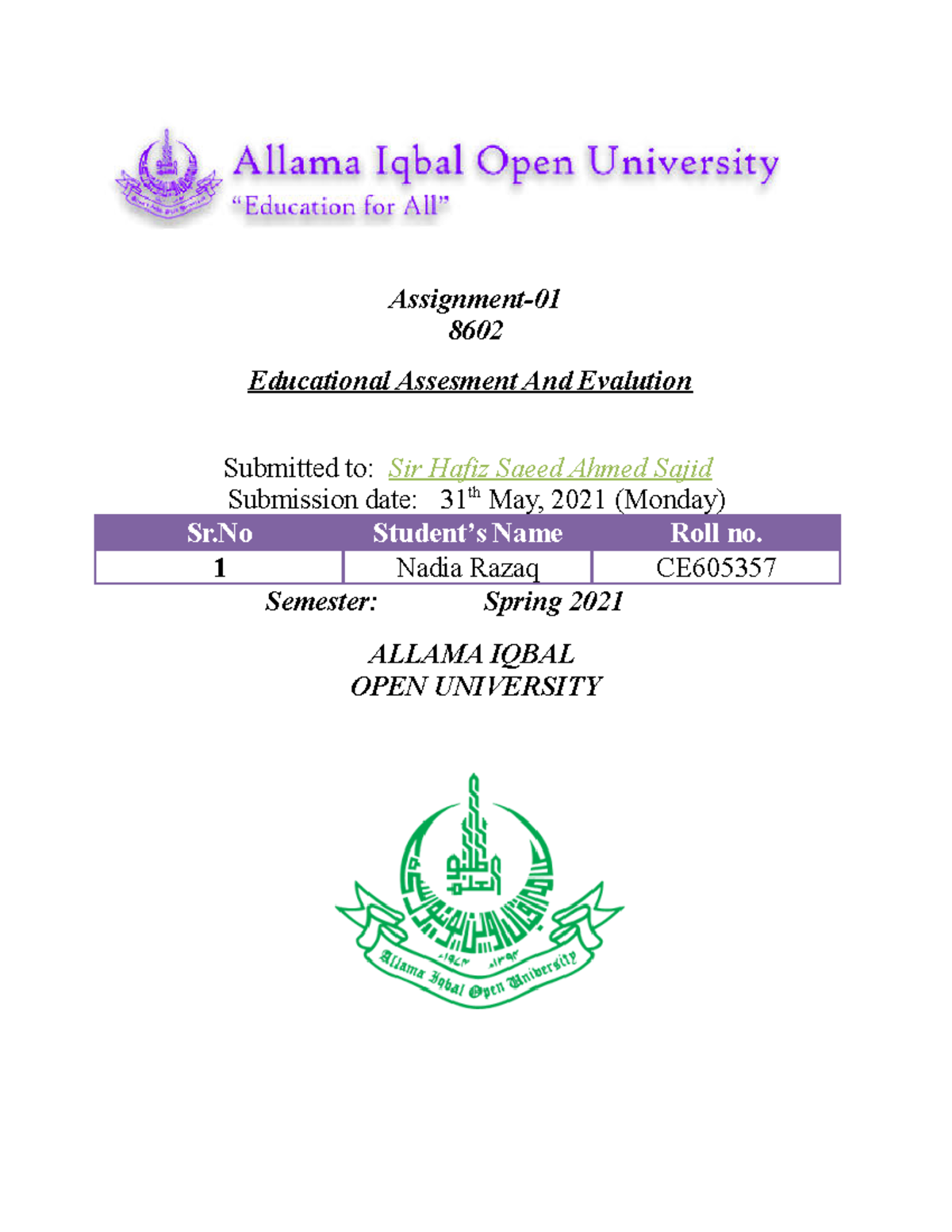 Assignment 1 - Lecture notes 3 - Assignment- 8602 Educational Assesment ...