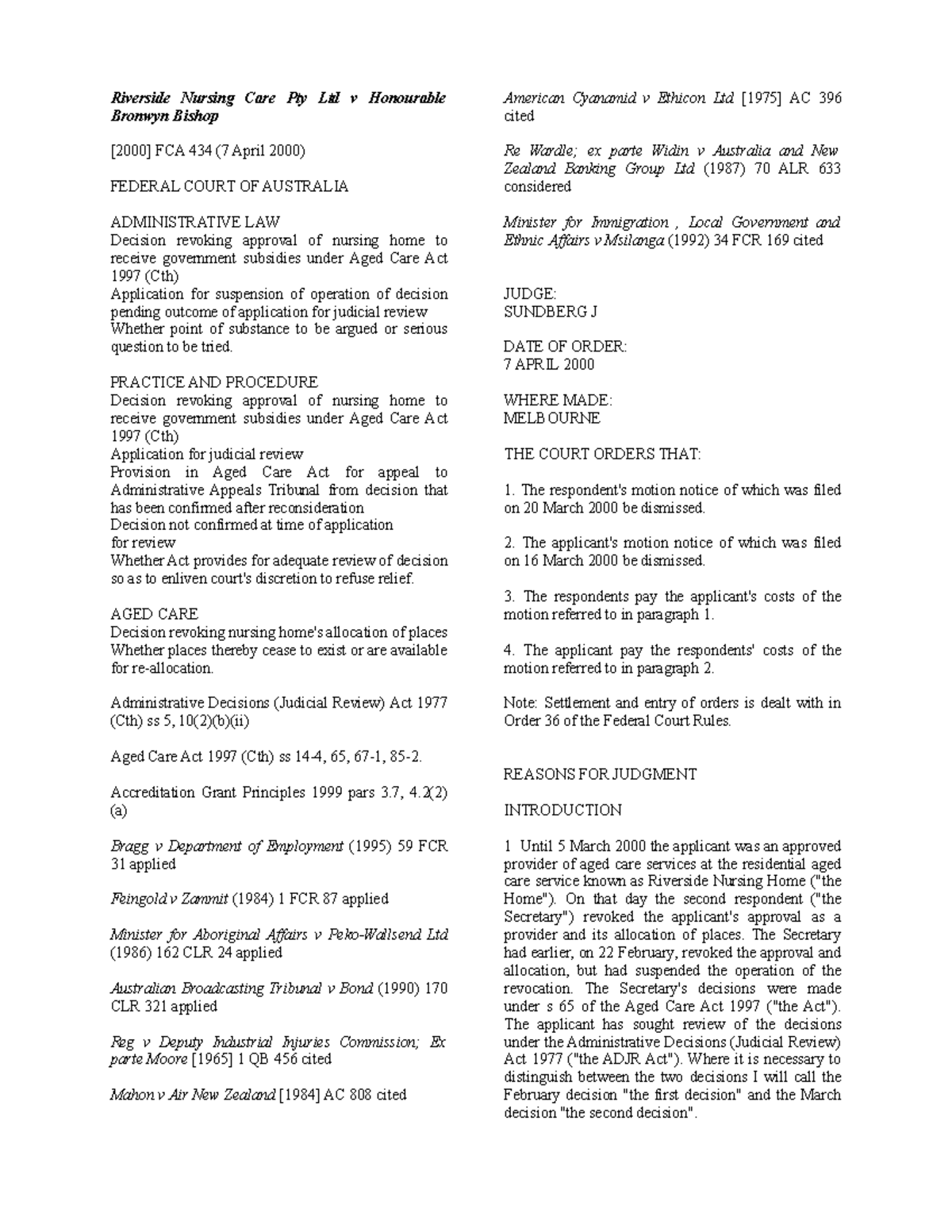 Riverside Nursing Federal Court Riverside Nursing Care Pty Ltd v