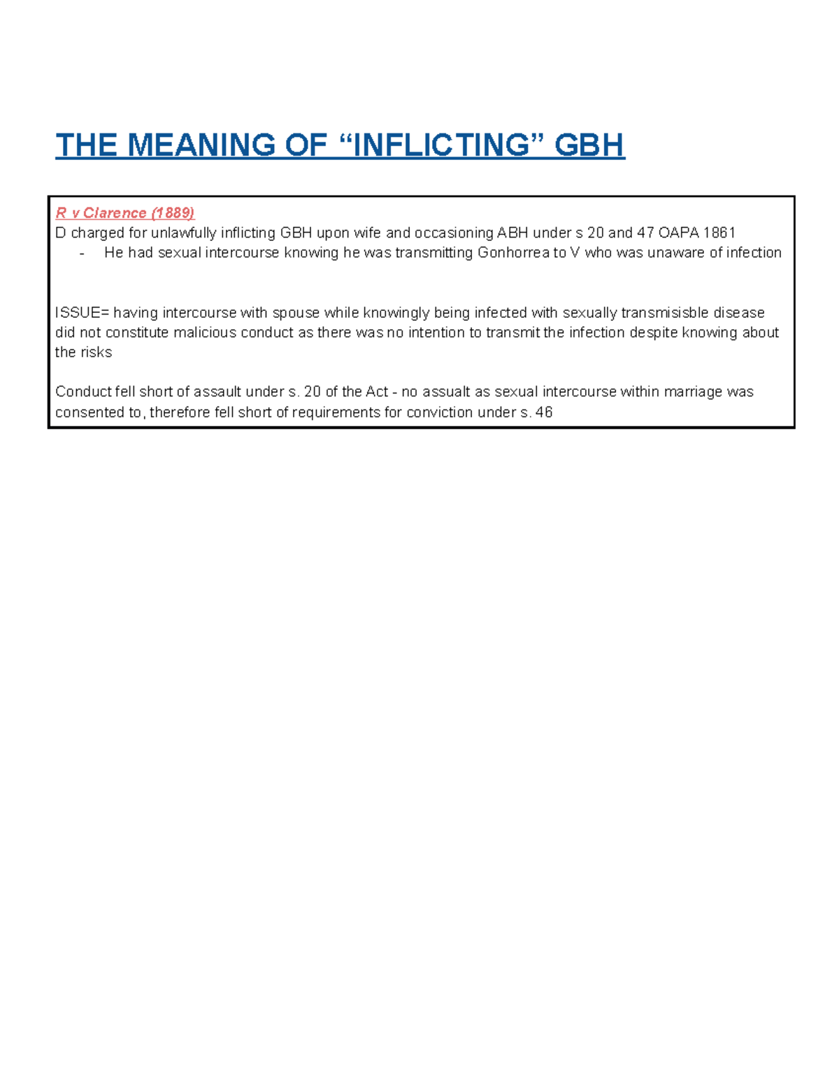 Nonfatal Offences and Consent THE MEANING OF “INFLICTING” GBH R v