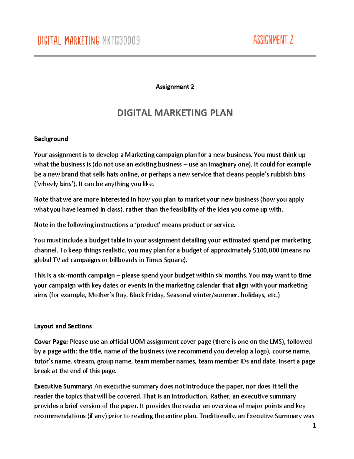 Assignment 2 instructions - Assignment 2 DIGITAL MARKETING PLAN ...