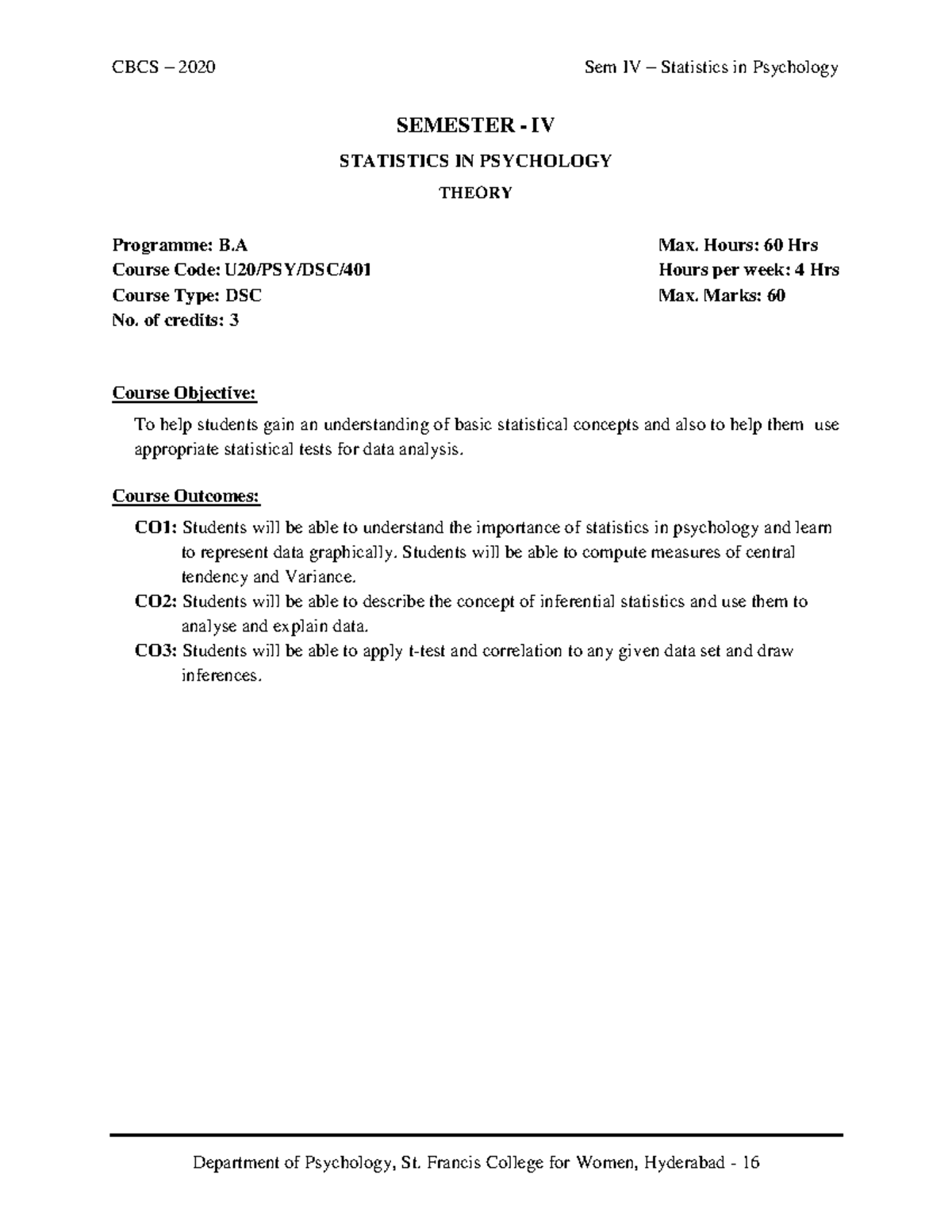 7.UG Psychology Statistics in Psychology - SEMESTER - IV STATISTICS IN ...