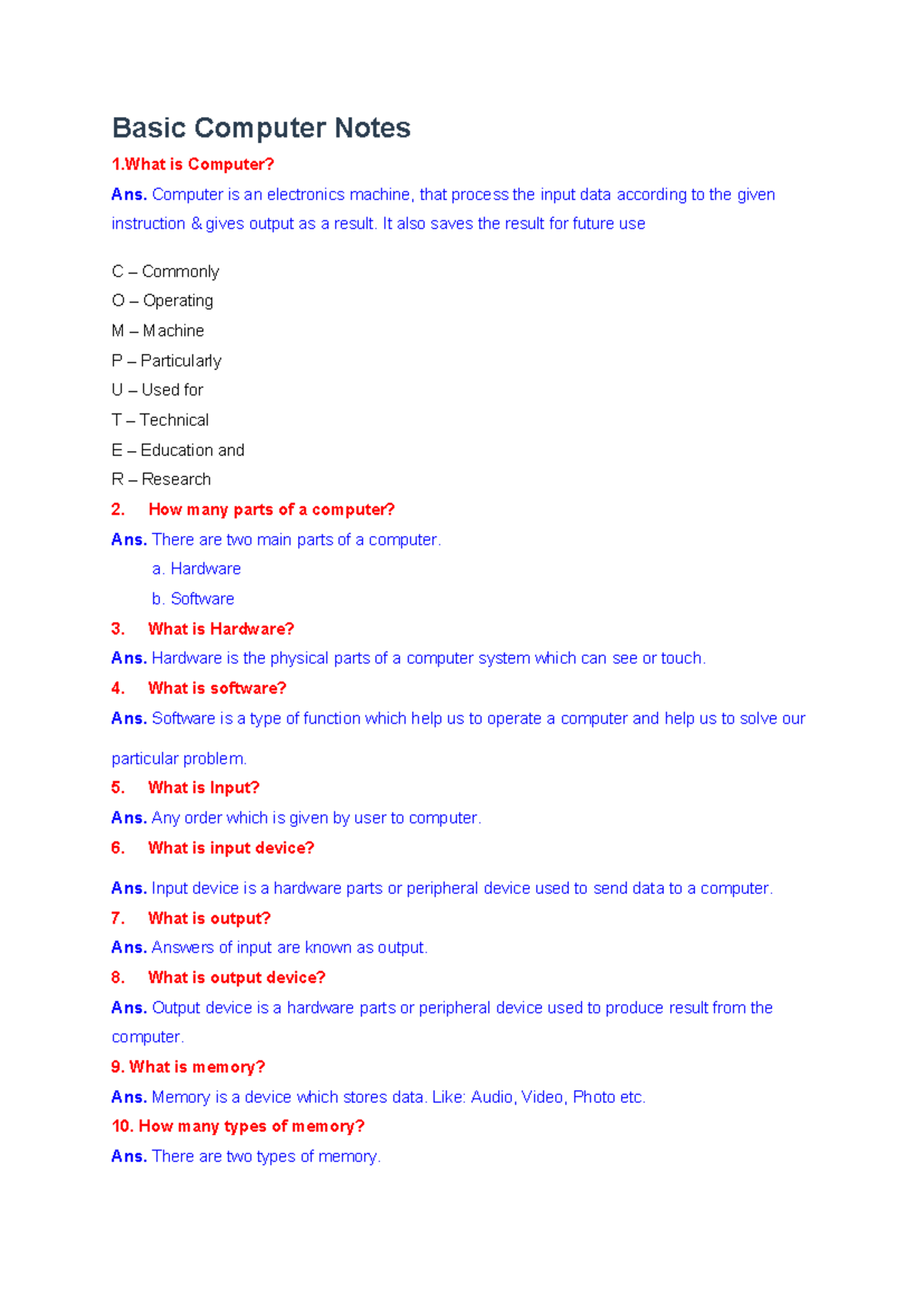 Basic Computer Notes - Computer is an electronics machine, that process ...