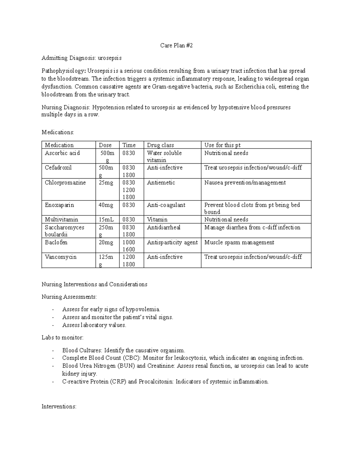 Care plans Clinical pt care plan Care Plan Admitting Diagnosis urosepsis Pathophysiology