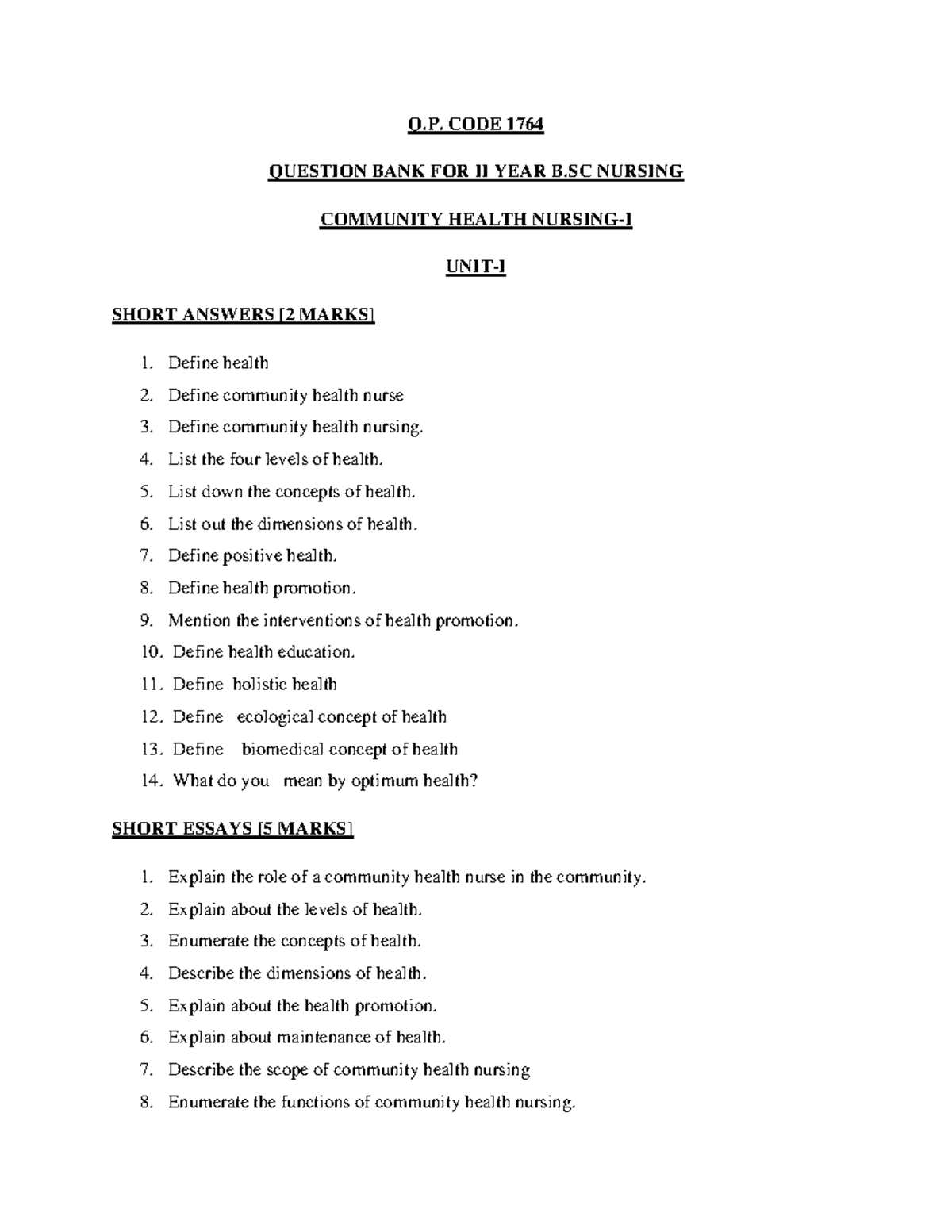 Health NursingI Question Bank Q. CODE 1764 QUESTION BANK FOR II YEAR B NURSING