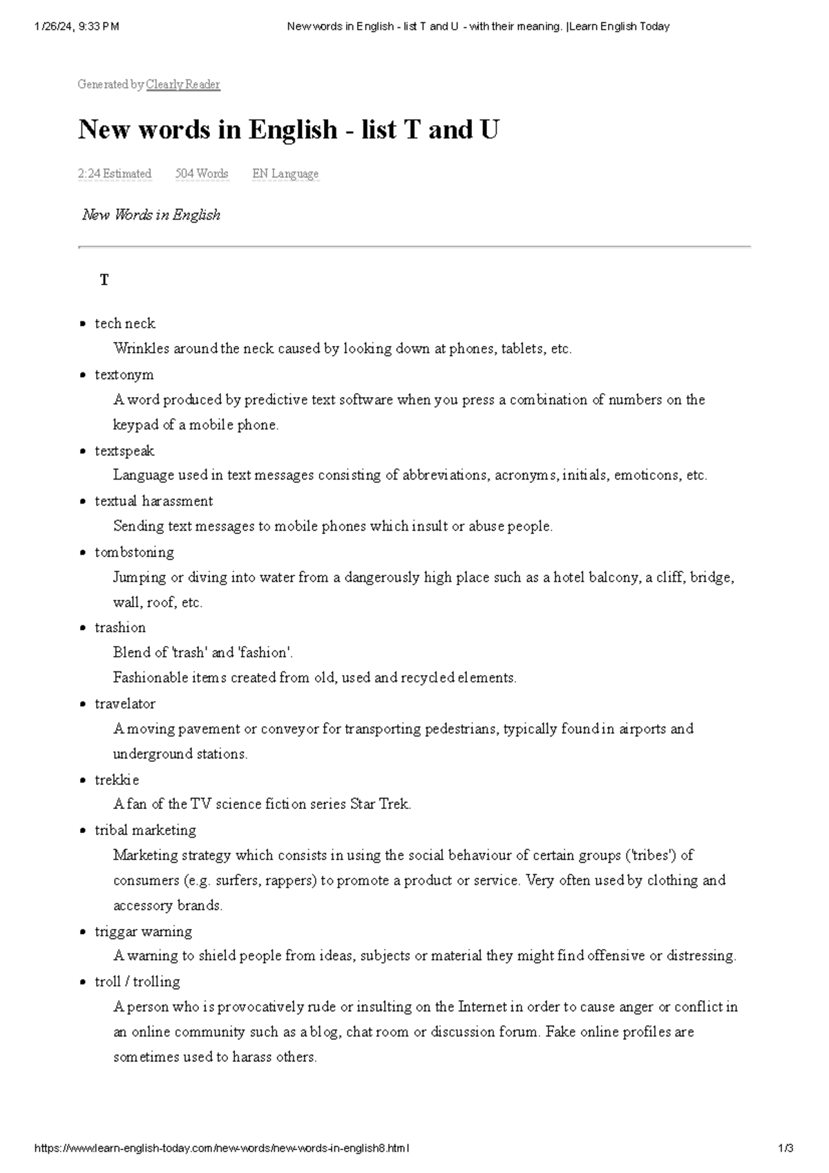 New words in English - list T and U - with their meaning. Learn English ...
