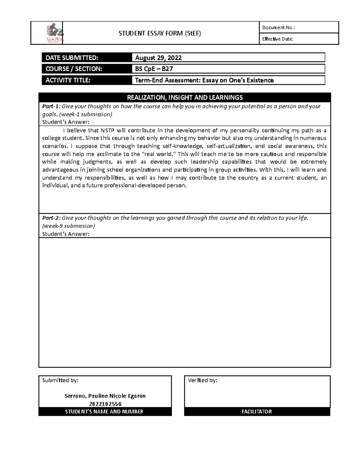 Form - NSTP1 00 Term-End Assessment - Essay on One's Existence ...