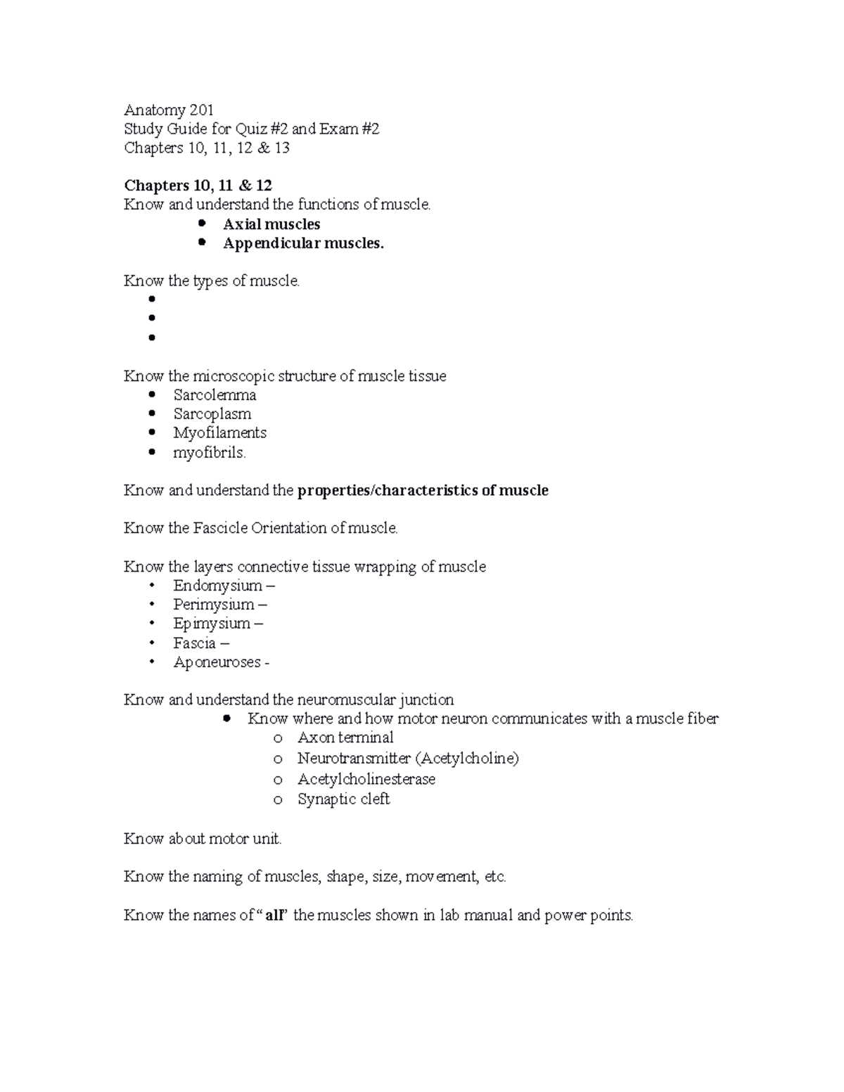 Study Guide Quiz 2 Exam 2m - Anatomy 201 Study Guide For Quiz #2 And ...