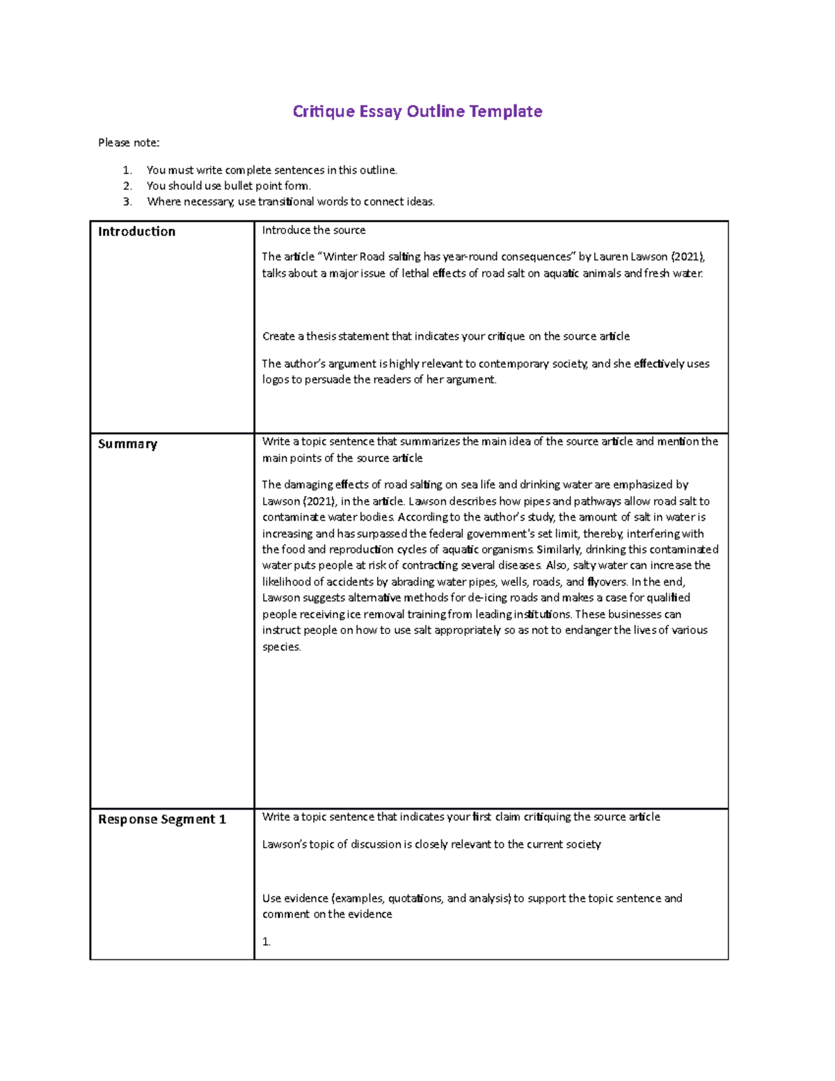 summary critique essay outline