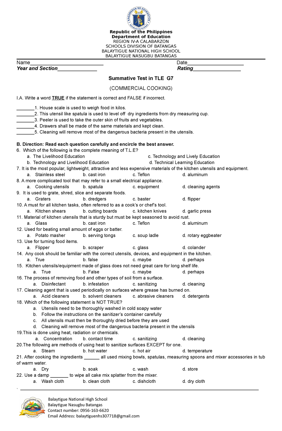 Summative Test Cookery 7 - Republic Of The Philippines Department Of ...