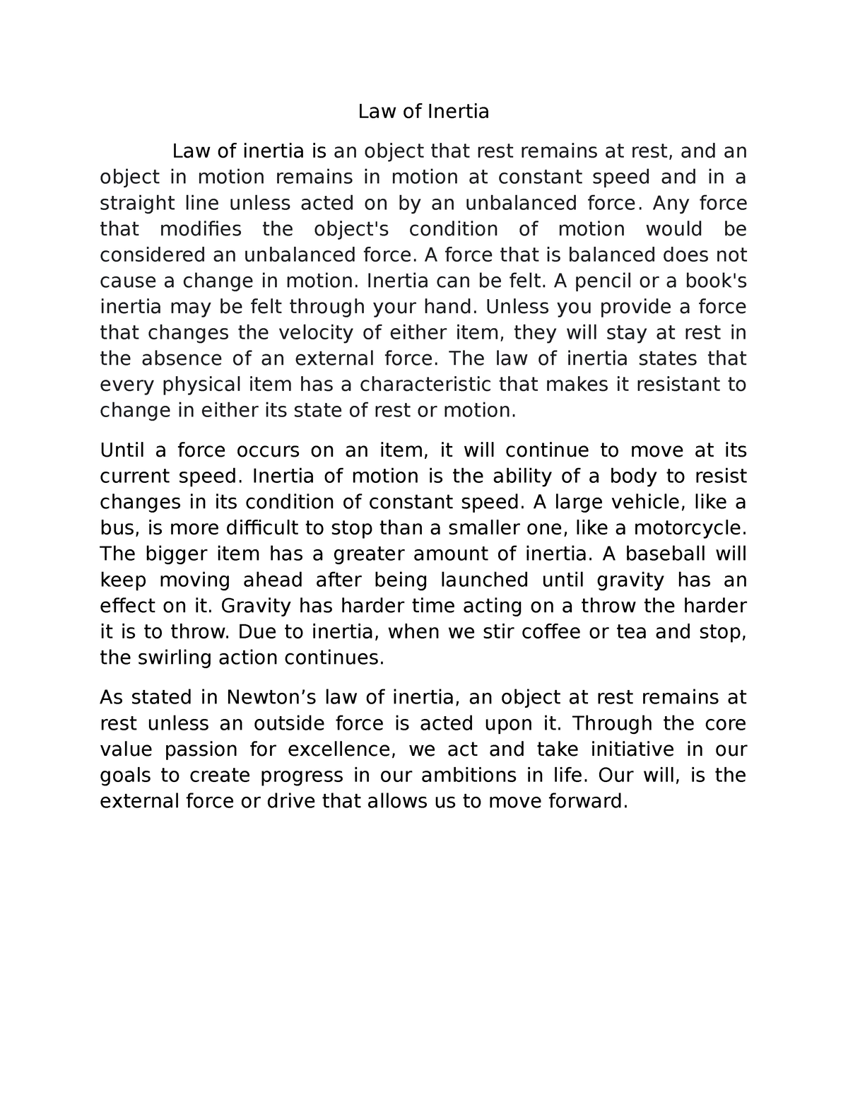 essay about law of inertia