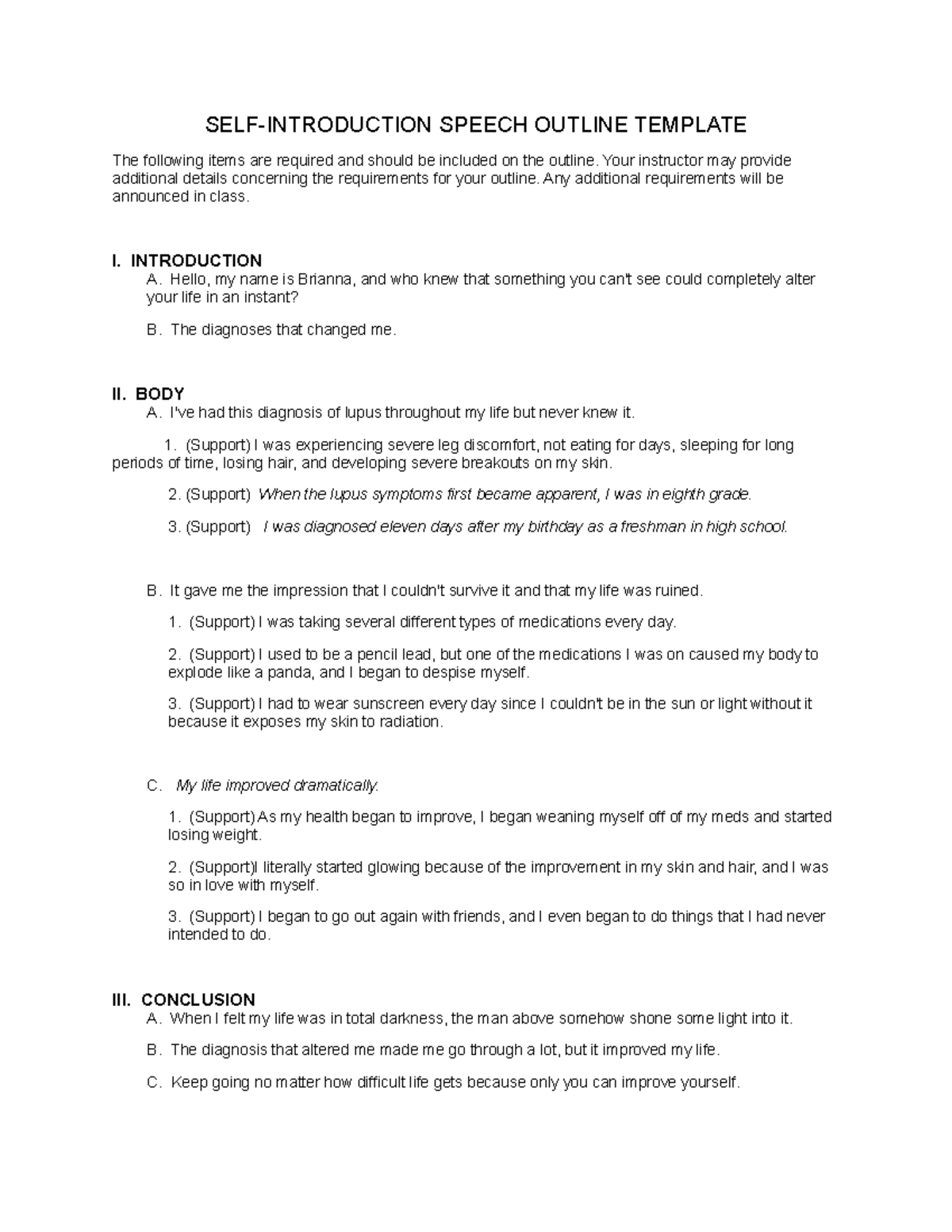 Self Intro speech outline template (6) - SELF-INTRODUCTION SPEECH ...