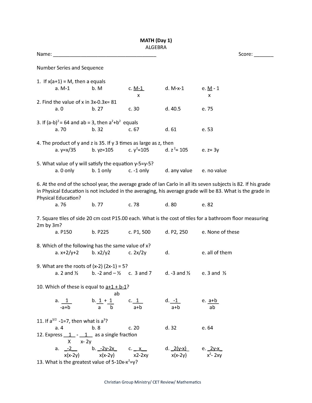 CET Review Mathematics Day 1 - MATH (Day 1) ALGEBRA Name