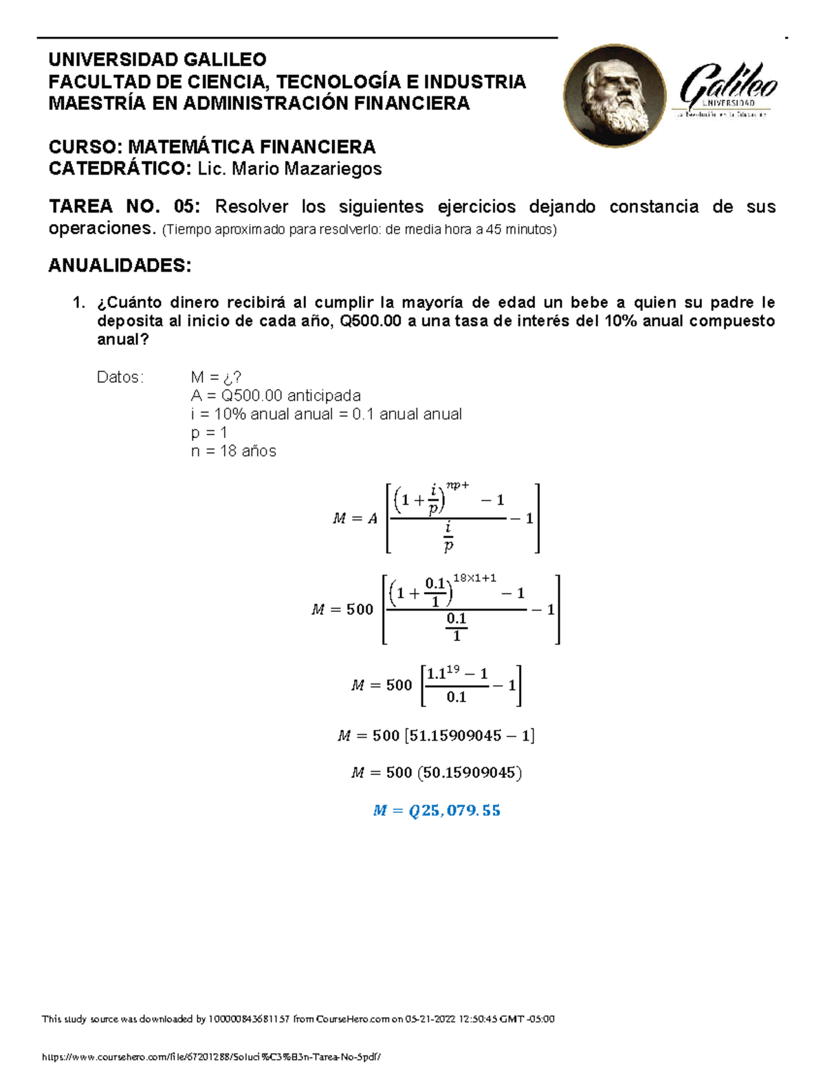 Soluci N Tarea No - Curso De Matemática Financiera Universidad Galileo ...