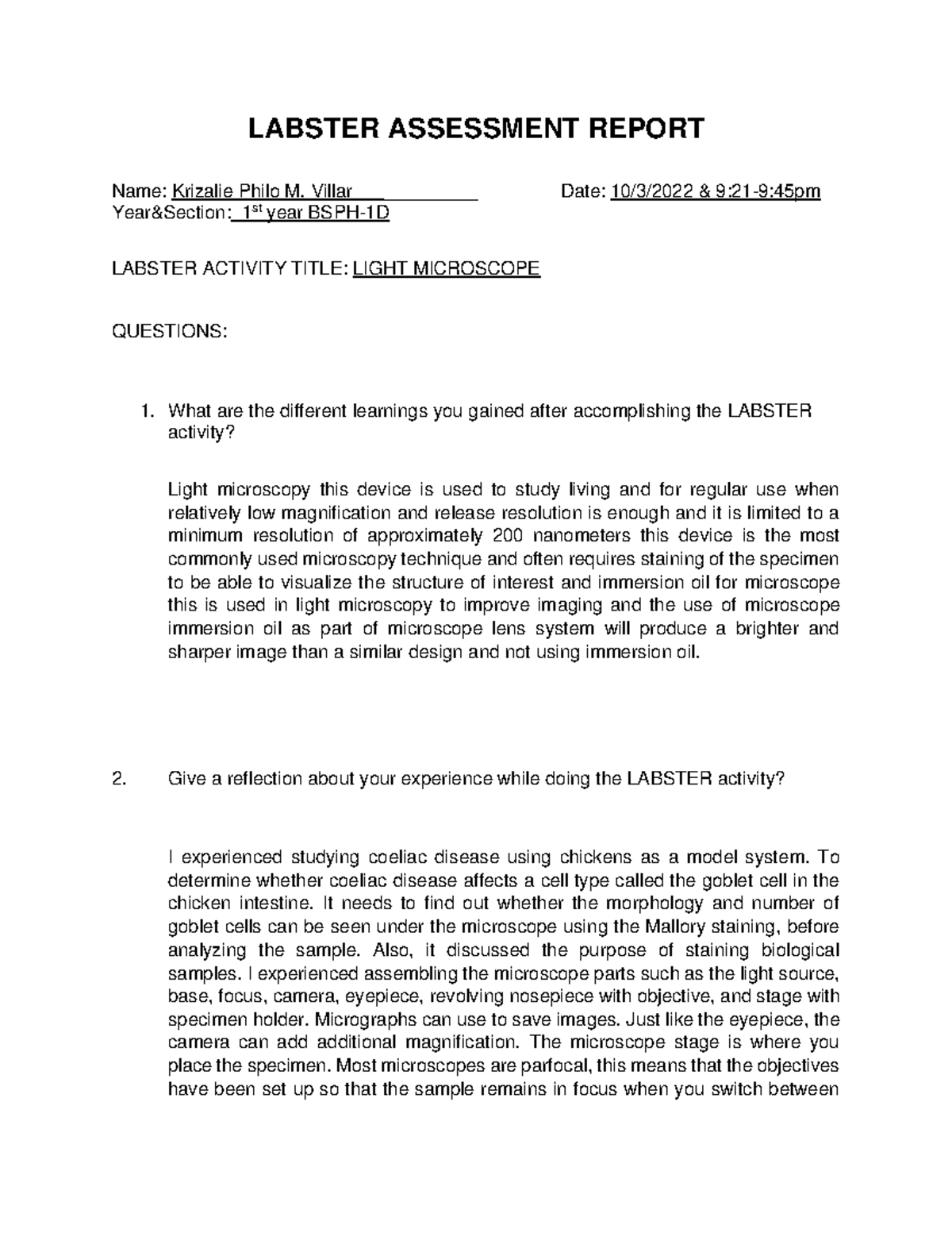 Labster Assignment Report NO.3( Light Microscope) LABSTER ASSESSMENT