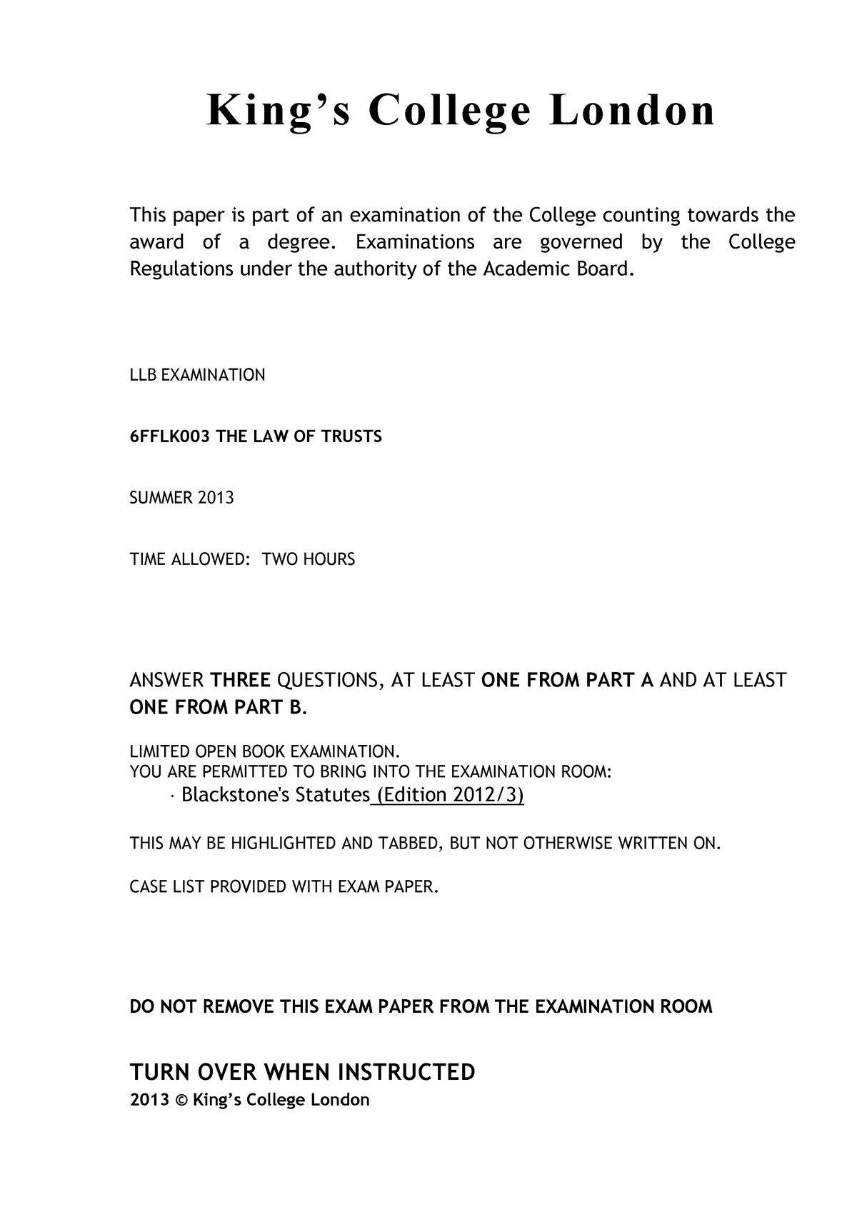 Exam 2013, Questions - King’s College London This Paper Is Part Of An ...