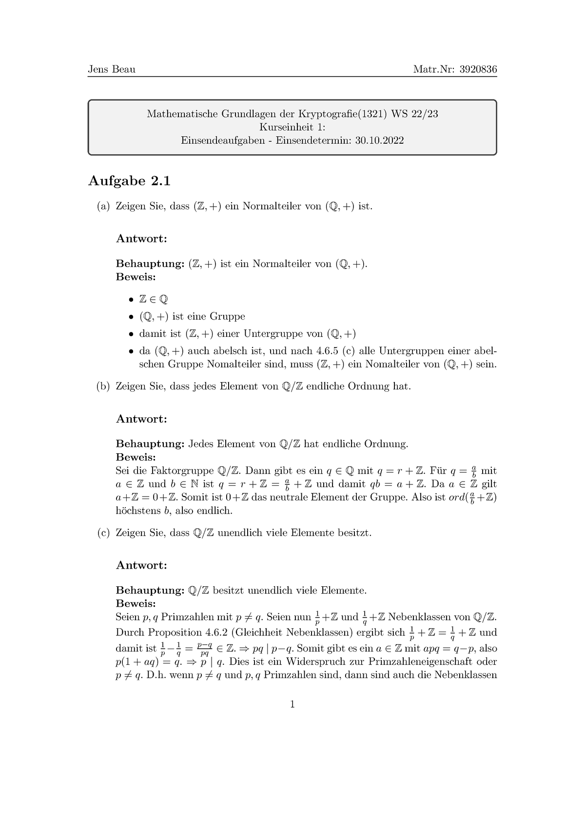 KEA2 1 - EA2 1 - Jens Beau Matr: 3920836 Mathematische Grundlagen Der ...