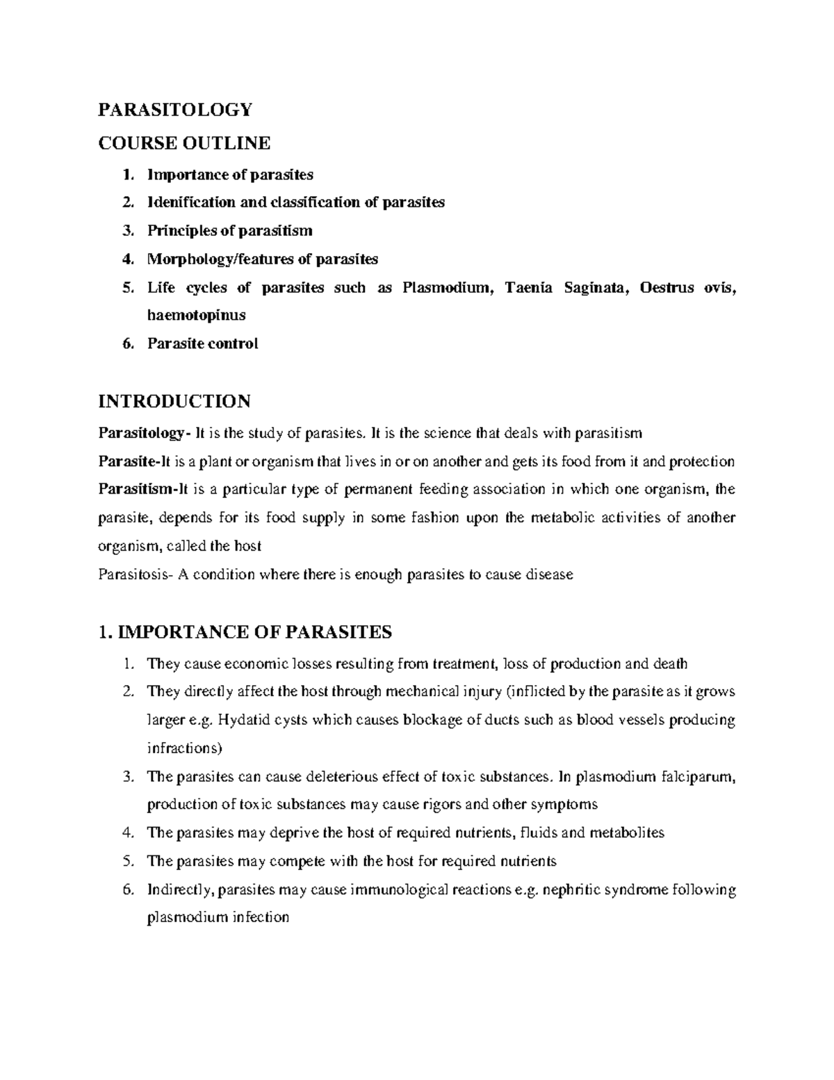 1 Veterinary Parasitology - Copy - PARASITOLOGY COURSE OUTLINE ...