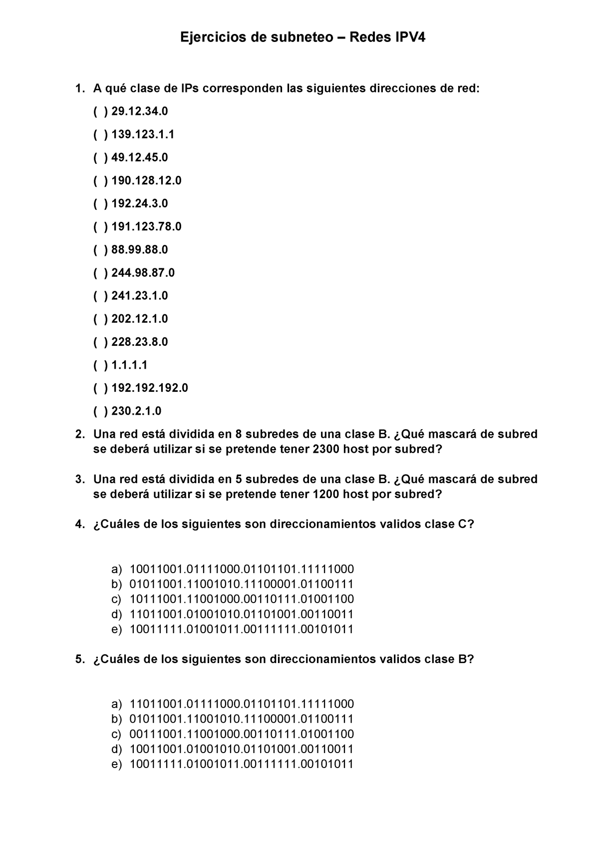 Taller Empresas - Ejercicios De Subneteo Redes IPV4 1. A Qué Clase De ...