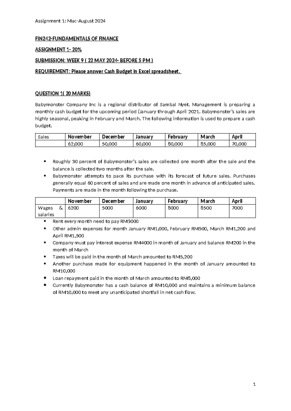 Assignment 1 FIN242 - FIN242-FUNDAMENTALS OF FINANCE ASSIGNMENT 1- 20% ...