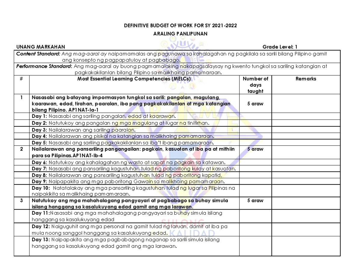 MELCs DBOW AP 1 10 Template 2 Final - DEFINITIVE BUDGET OF WORK FOR SY ...