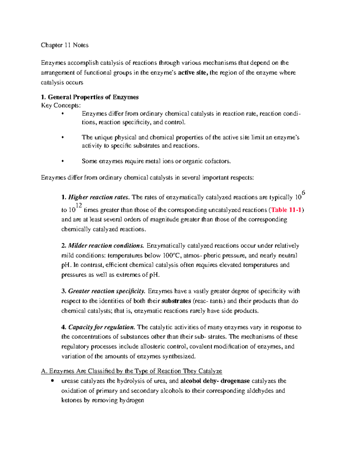 BMB 401 Chapter 11 Textbook Notes - Chapter 11 Notes Enzymes Accomplish ...