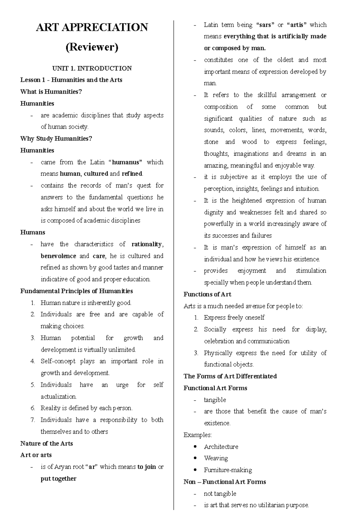 ART Appreciation (Reviewer) ART APPRECIATION (Reviewer) UNIT 1