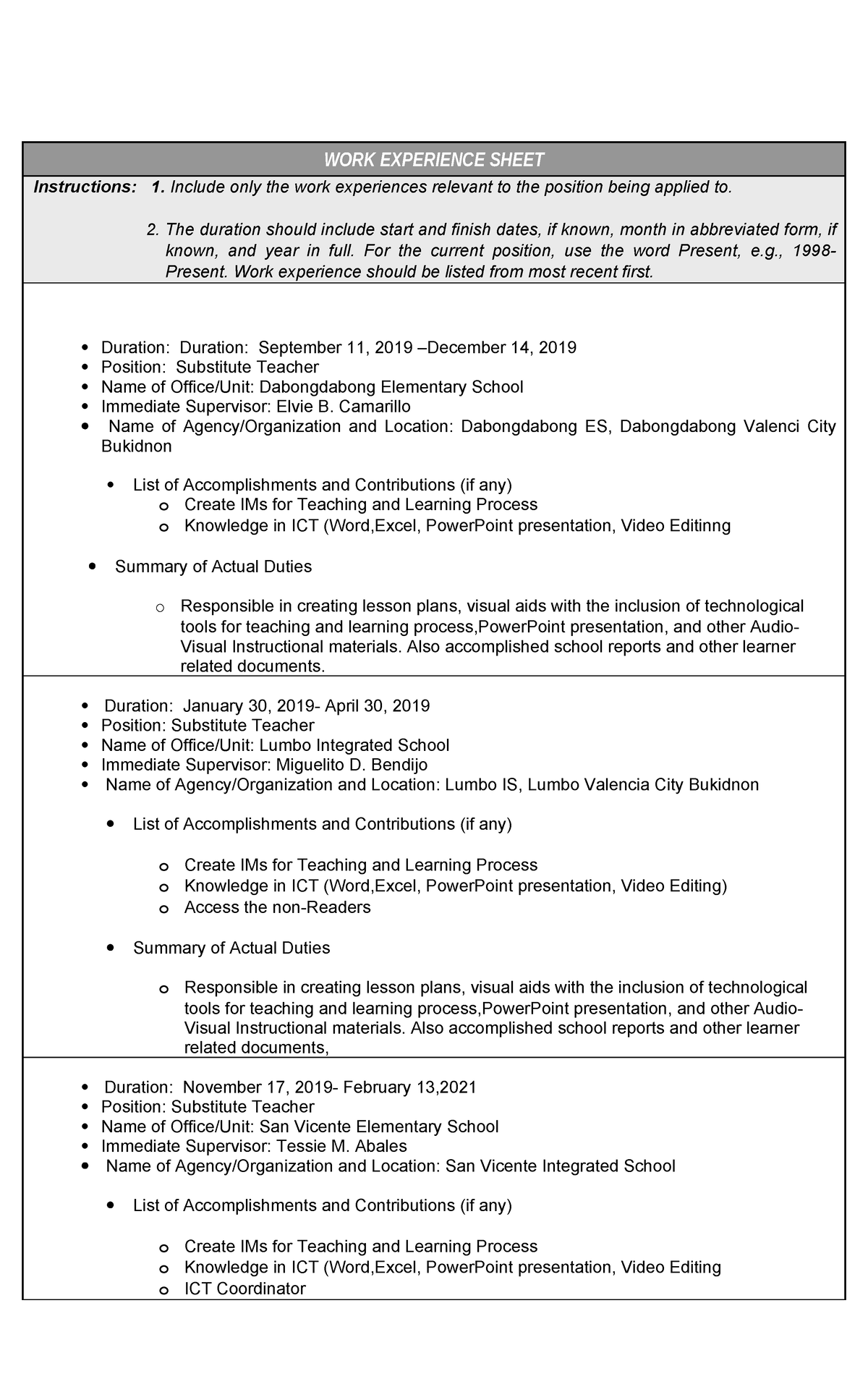 CS Form No 212 Work Experience Sheet - WORK EXPERIENCE SHEET ...