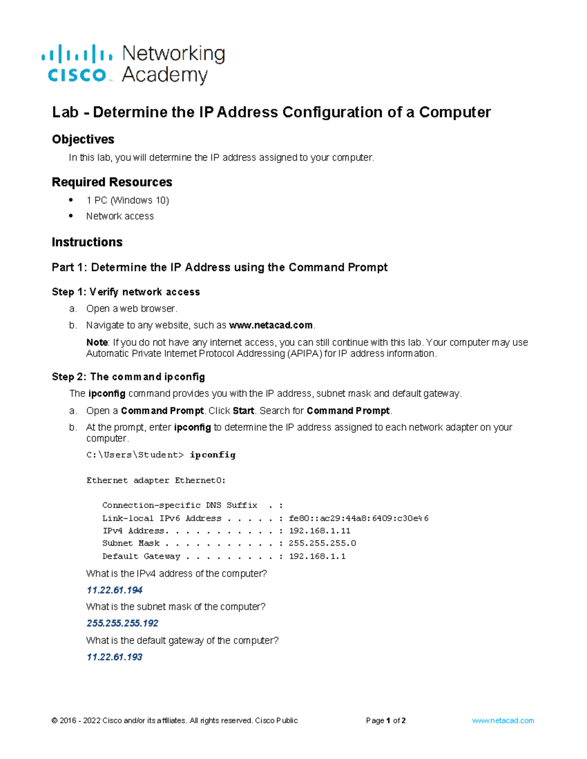 2.2.7 Lab - Determine IP Address Configuration of a Computer - Lab ...