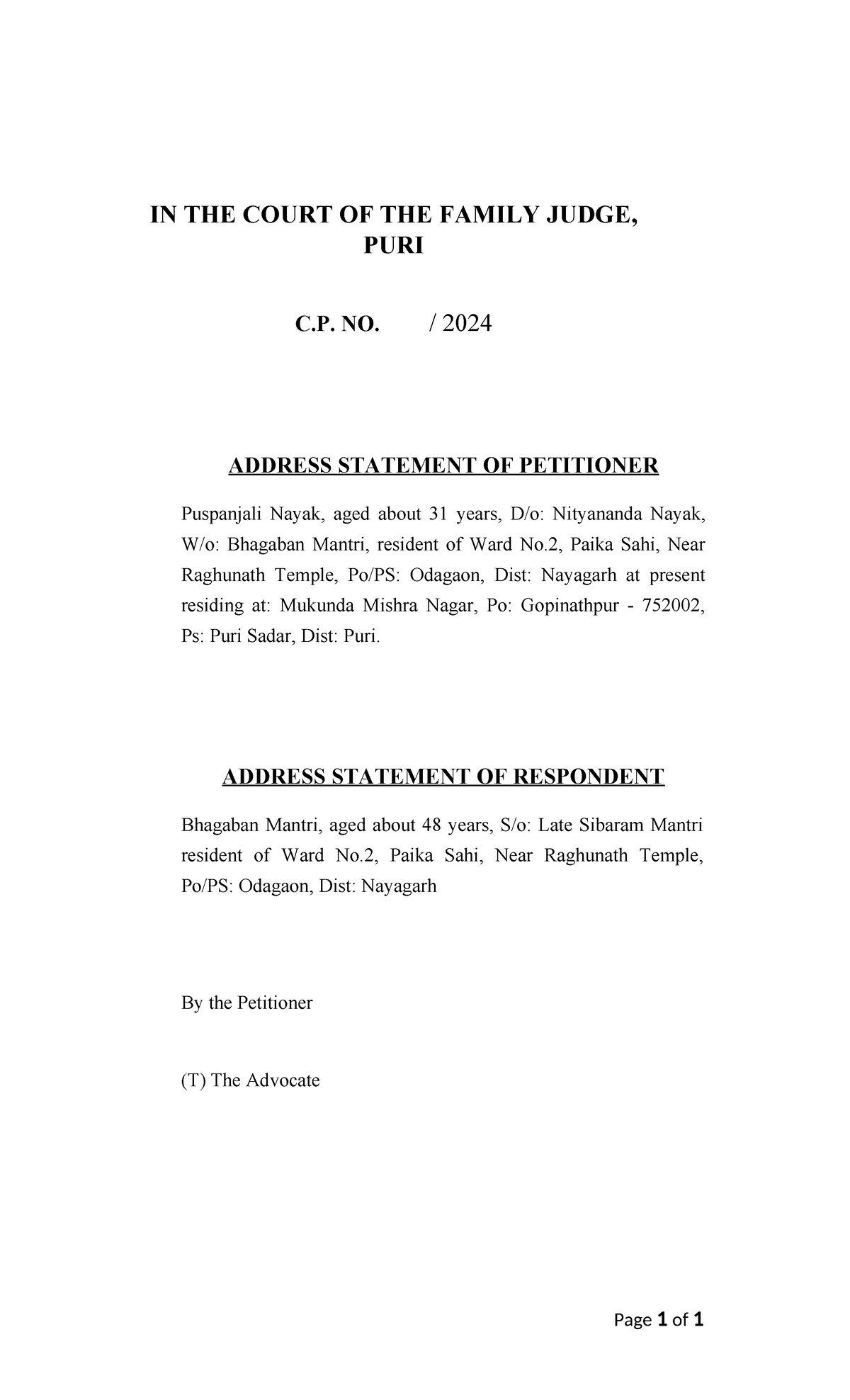 Address Statement - sdvfsdgvfdg - IN THE COURT OF THE FAMILY JUDGE ...