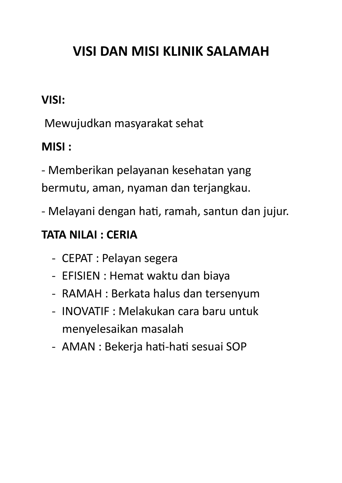 VISI MISI Klinik Salamah - VISI DAN MISI KLINIK SALAMAH VISI ...