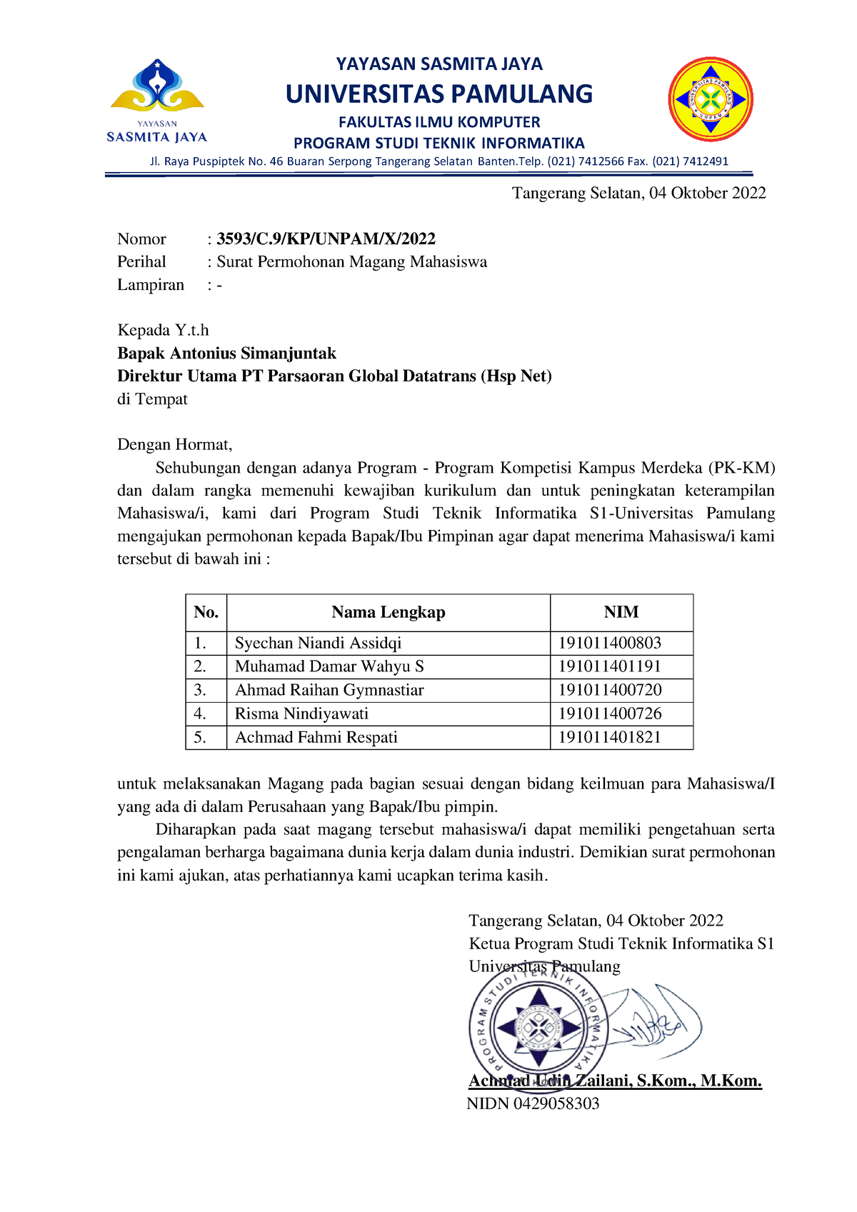 Surat Rekomendasi Magang Mhs Teknik Informatika-HSP - YAYASAN SASMITA