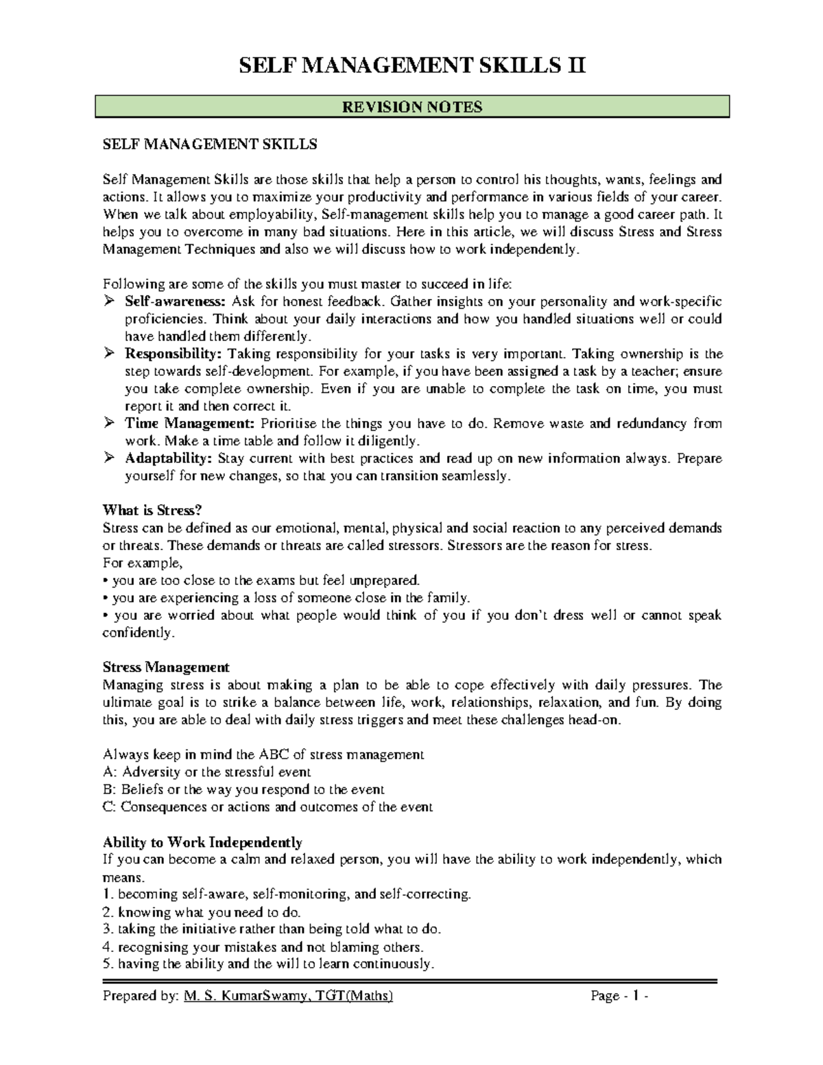 01 self management skills ii revision notes - SELF MANAGEMENT SKILLS II ...