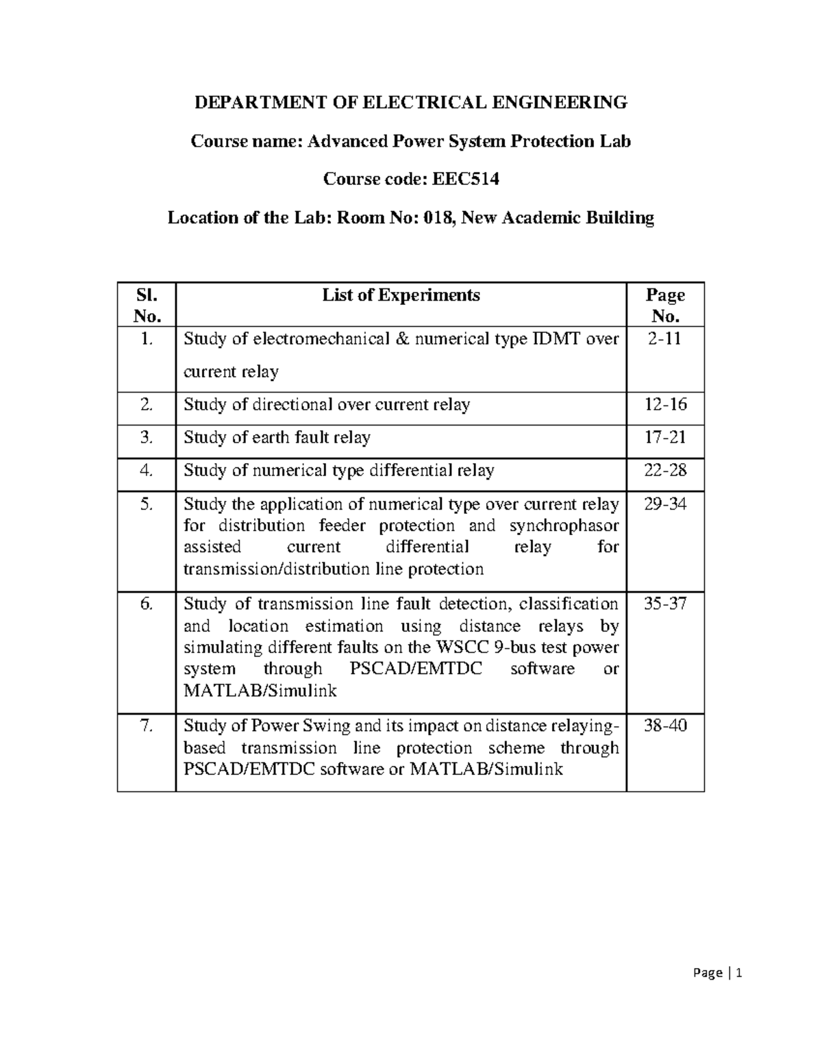 PG 04 EEC514 Advanced Power System Protection Lab Manual DEPARTMENT