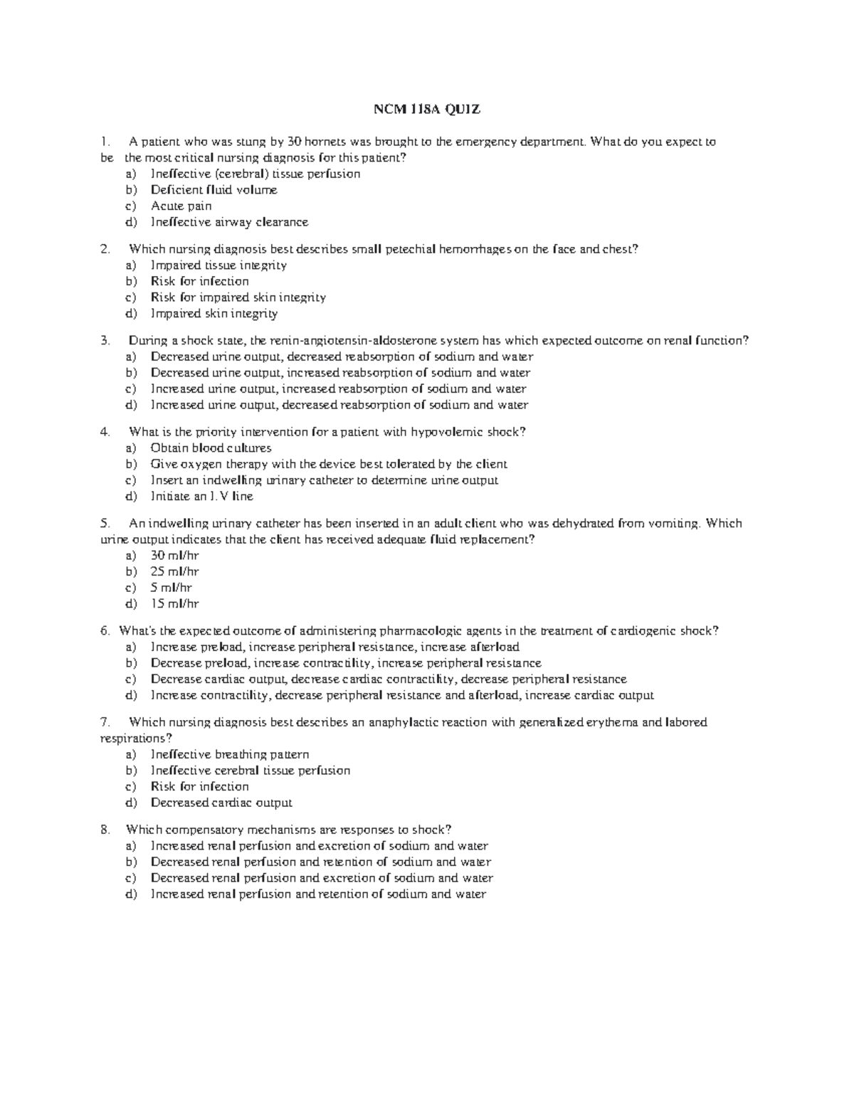 NCM 118A QUIZ 11 - NCM 118A Quiz Bank for Nursing taking Critical Care ...