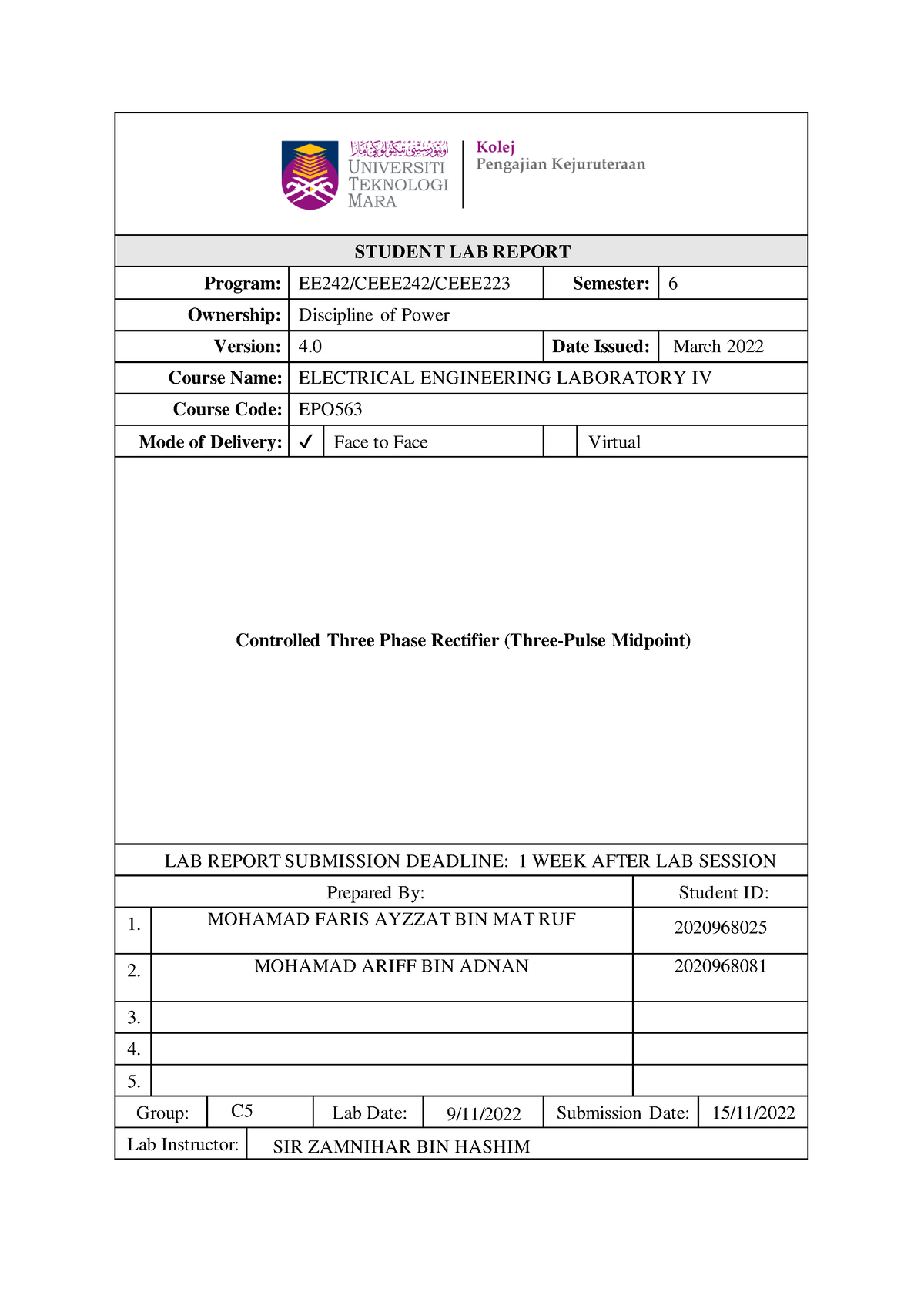 Group A 5 Lab Report PE1 - STUDENT LAB REPORT Program: EE242/CEEE242 ...