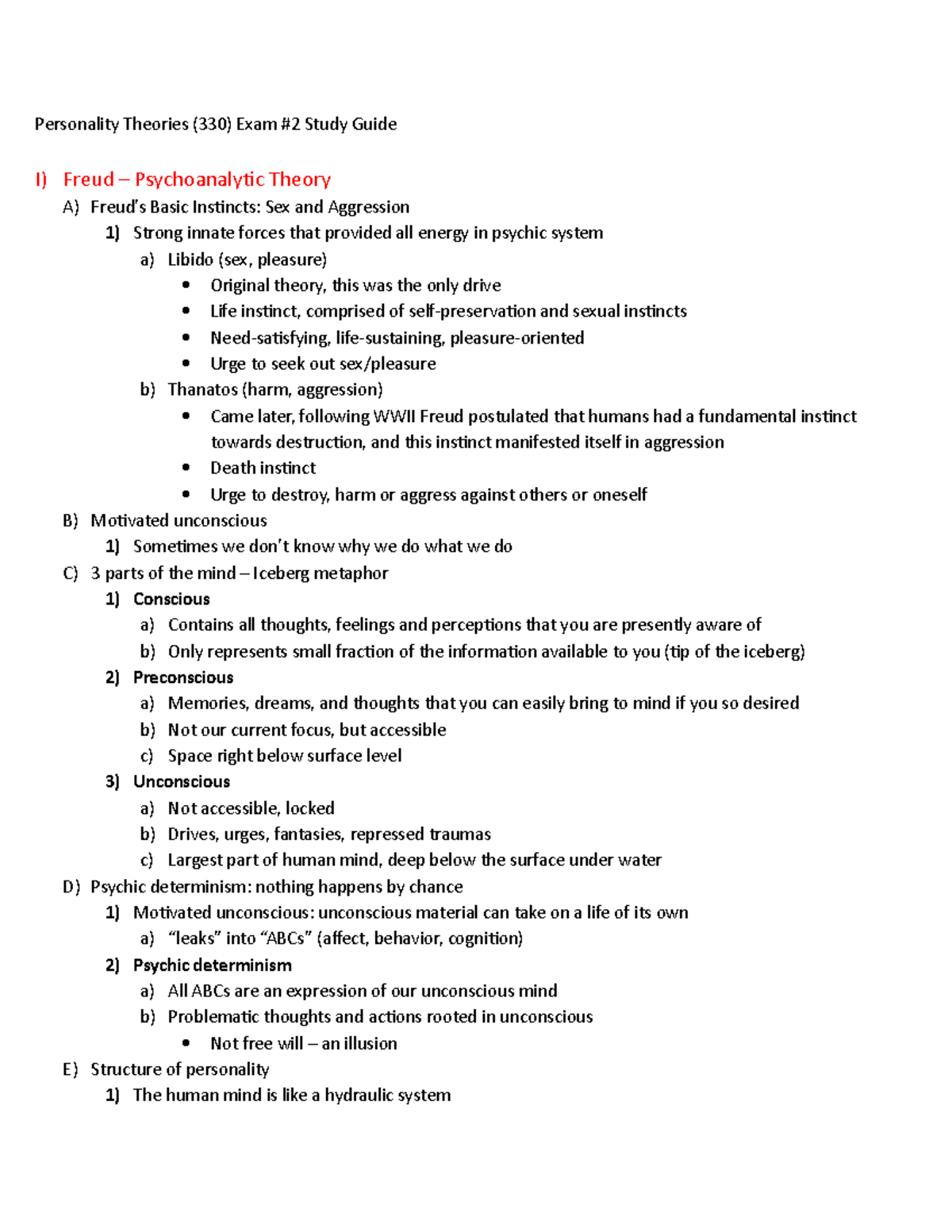 Exam 2 Study Guide - Personality Theories (330) Exam #2 Study Guide I ...