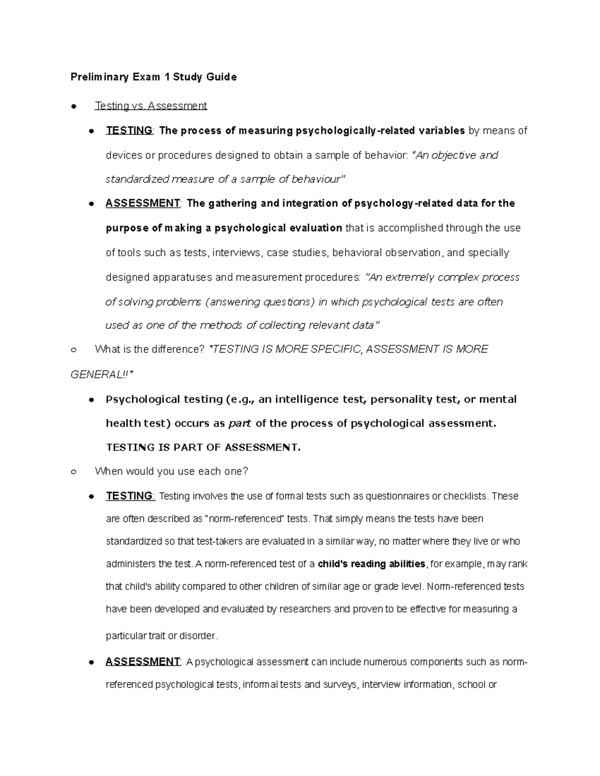 Preliminary Exam 1 Study Guide - Preliminary Exam 1 Study Guide Testing ...