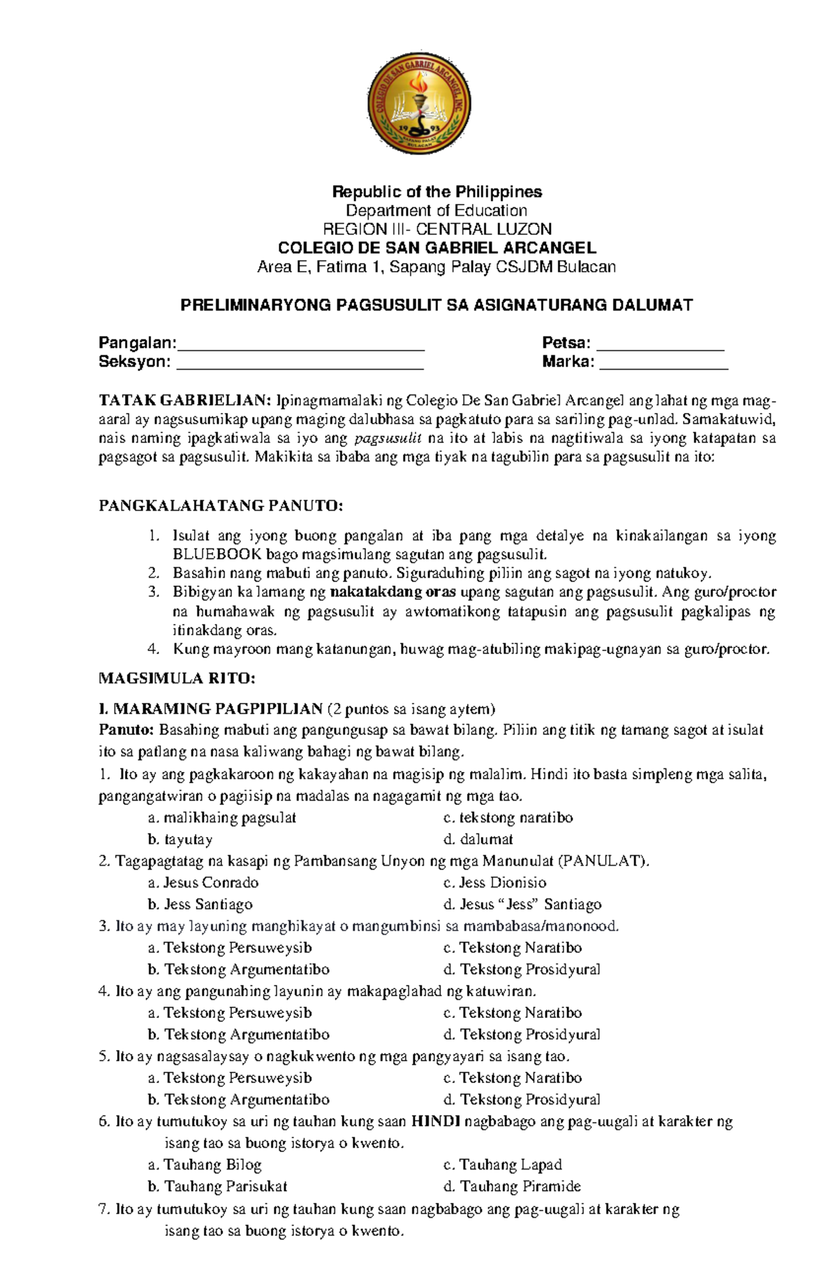 Prelim EXAM Dalumat - Department of Education REGION III- CENTRAL LUZON ...