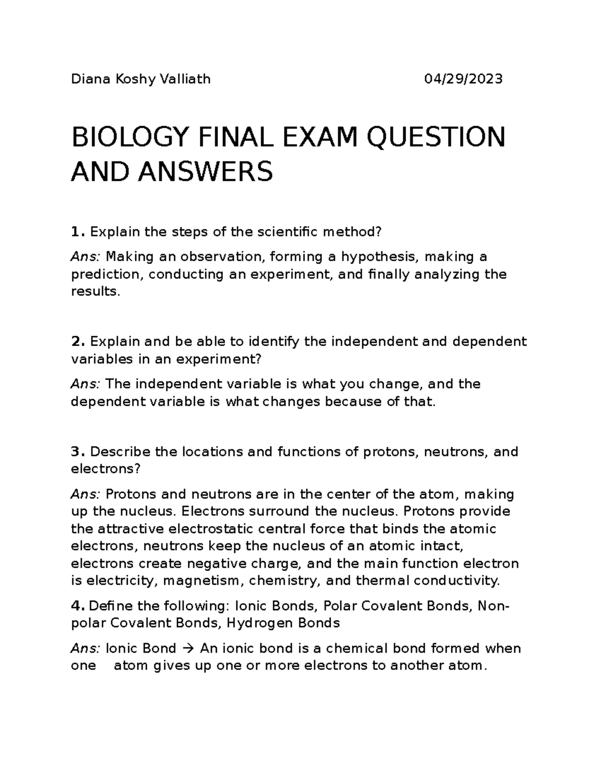 BIO Final EXAM Review - Diana Koshy Valliath 04/29/ BIOLOGY FINAL EXAM ...