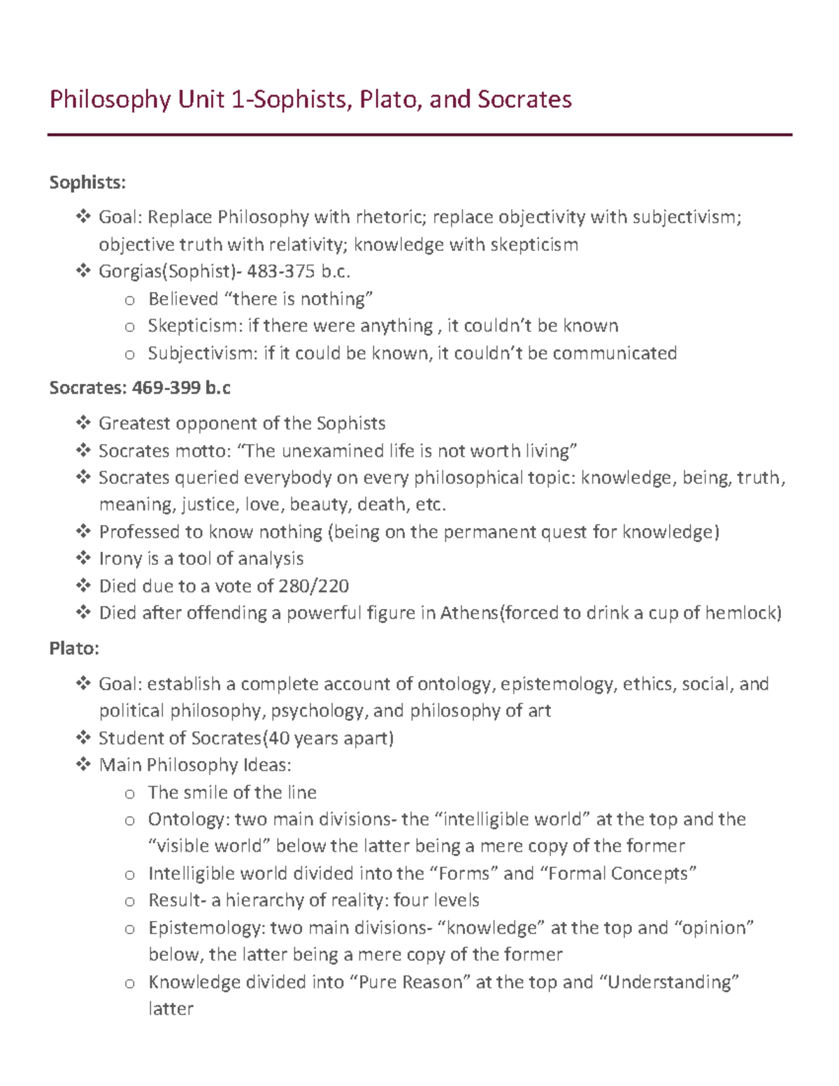 Philosophy Unit 1 - Unit 1 Notes - Philosophy Unit 1-Sophists, Plato ...