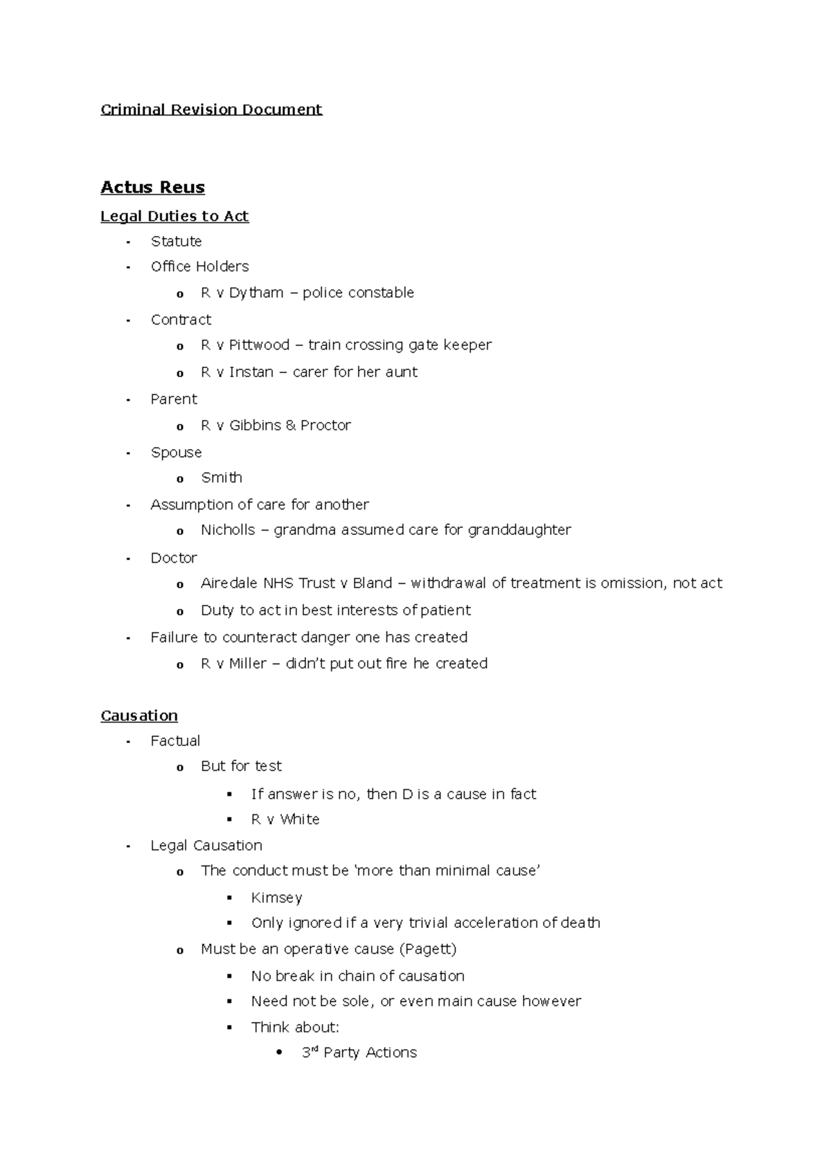 Revision Document - Criminal Revision Document Actus Reus Legal Duties ...
