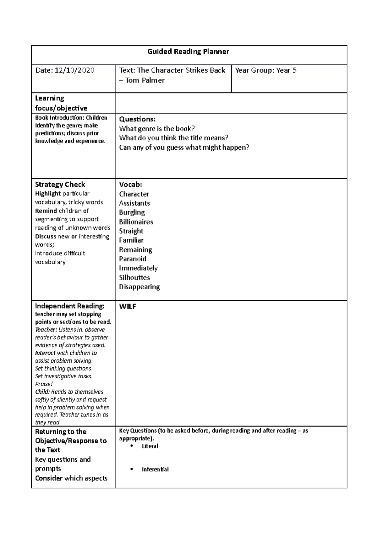 Guided reading planner Guided Reading Planner Date 12/10/2020 Text